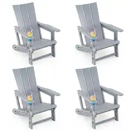 Gymax - Adirondack Chairs Set of 4 w/ Cup Holder Wood Texture for Garden Backyard - Gray