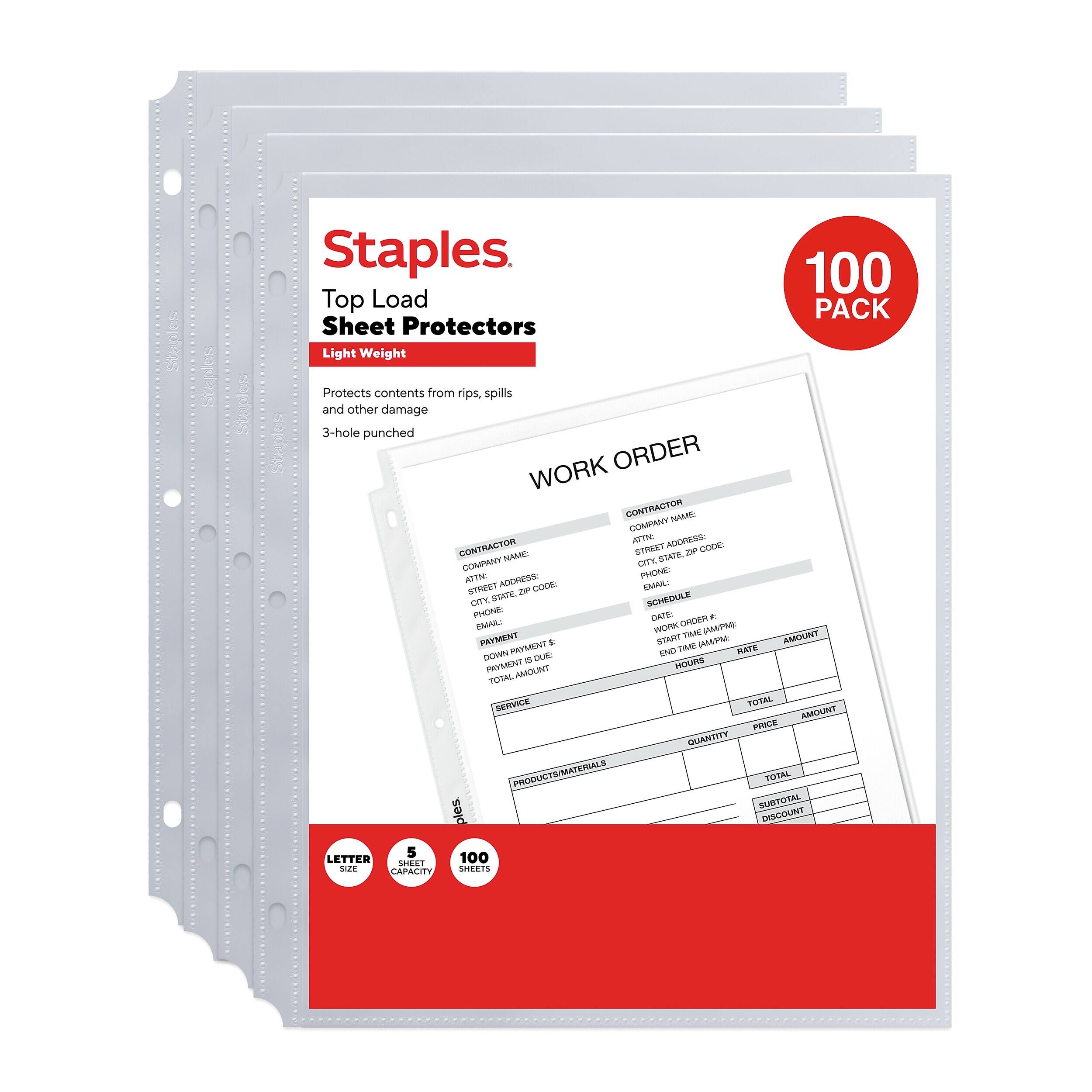 Staples  
Top Load Sheet Protectors  
Light Weight  
Protects contents from rips, spills and other damage  
3-hole punched  

Staples 100 Top Load PACK Sheet Protectors Light Weight Protects contents from rips, spills and other damage 3-hole punched  

Staples WORK ORDER  
CONTRACTOR  
CONTRACTOR NAME:  
COMPANY ATTIN:  
ADDRESS:  
CONTRACTOR STREET ZIP CODE:  
COMPANY NAME:  
CITY, STATE, ATTN:  
ADDRESS:  
PHONE:  
STREET ZIP CODE:  
EMAIL:  
CITY, STATE, SCHEDULE PHONE:  
EMAIL:  

WORK ORDER  
PAYMENT START TIME (AM/PM):  
PAYMENT END TIME (AM/PM):  
PAYMENT RATE:  
PAYMENT DUE:  
TOTAL SERVICE HOURS:  
TOTAL AMOUNT:  

PRODUCTS/MATERIALS  
QUANTITY  
PRICE  
AMOUNT  
SUBTOTAL  
DISCOUNT  
TOTAL  

LETTER SHEET SIZE  
5 SHEET CAPACITY  
100 SHEETS