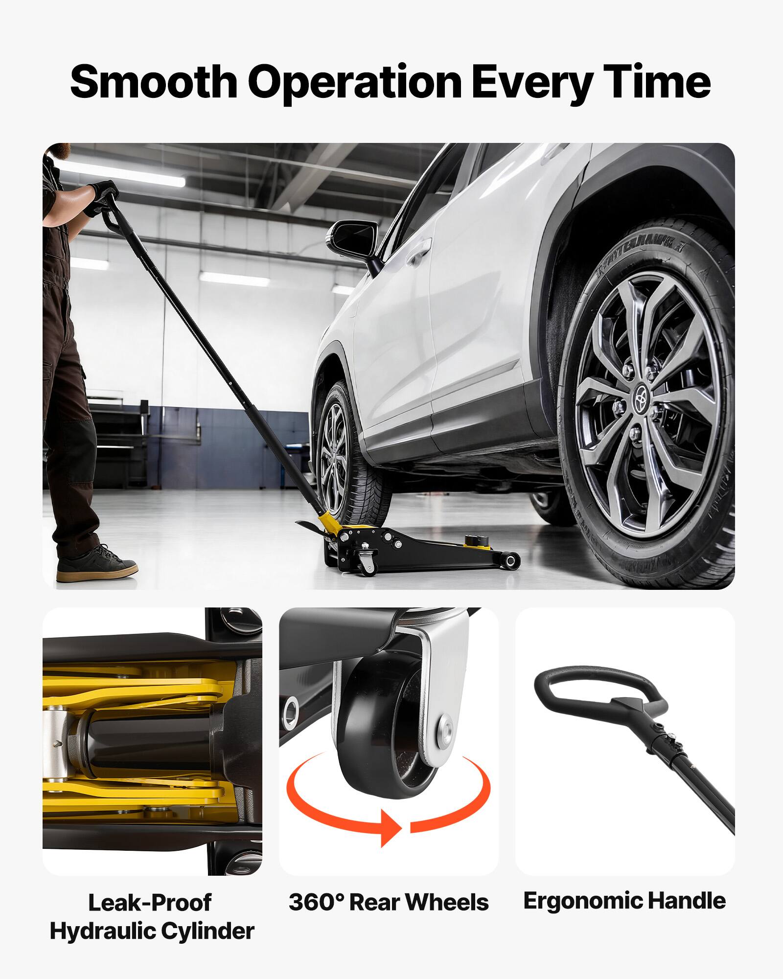 Smooth Operation Every Time

- Leak-Proof Hydraulic Cylinder
- 360° Rear Wheels
- Ergonomic Handle
