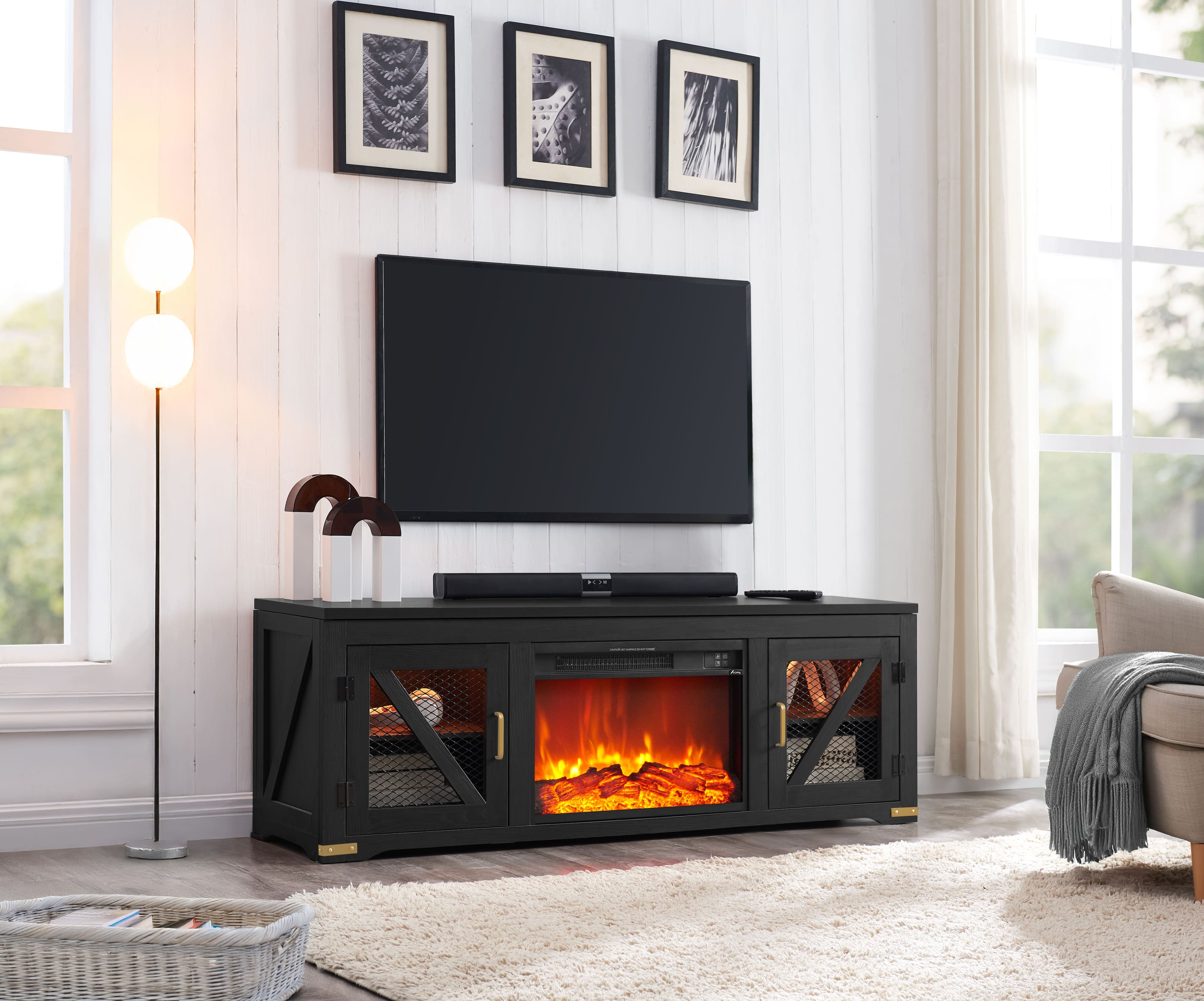 Living Essentials Corp - Ashton Unfold™ 62" Farmhouse Fireplace TV Stand with Cabinet Doors, Entertainment Center and Media Console - Black