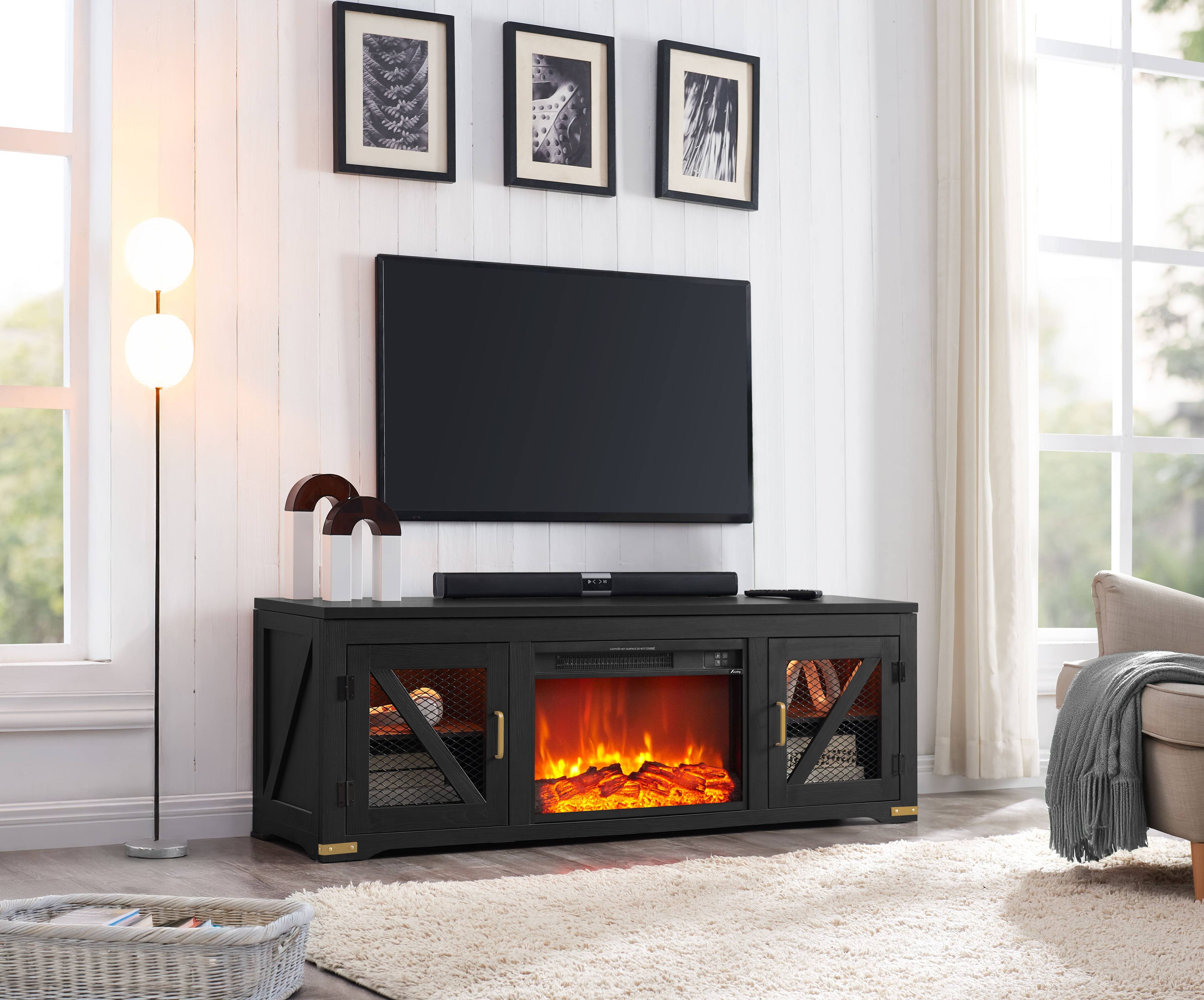 Front. Living Essentials Corp - Ashton Unfold™ 62" Black Farmhouse Fireplace TV Stand with Cabinet Doors, Entertainment Center and Media Console - Black.