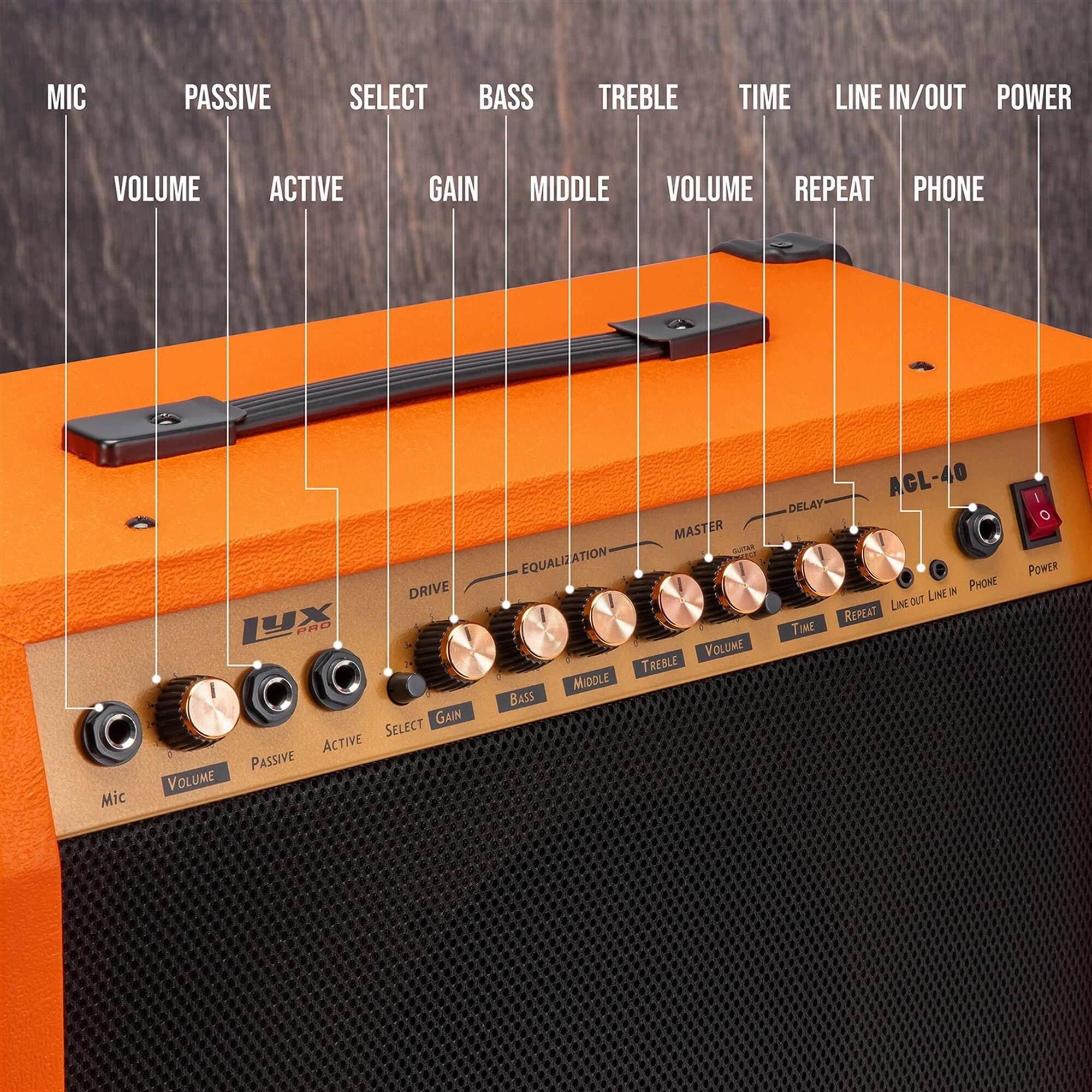 MIC PASSIVE SELECT BASS TREBLE TIME LINE IN/OUT POWER VOLUME ACTIVE GAIN MIDDLE VOLUME REPEAT PHONE Mic DRIVE L. PRD 1 GAIN SELECT ACTIVE PASSIVE VOLUME MASTER EQUALIZATION VOLUME TREBLE MIDDLE BASS AGL-40 DELAY N PHONE LINE LINE REPEAT TIME I O POWER