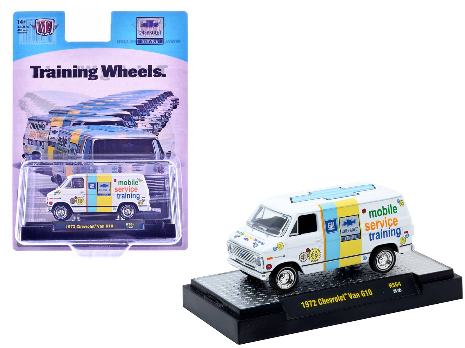M2 - 1972 Chevrolet G10 Van 1/64 White Chevrolet Mobile Service Training Graphics Limited Edition 4400 pcs Worldwide - White with Graphics