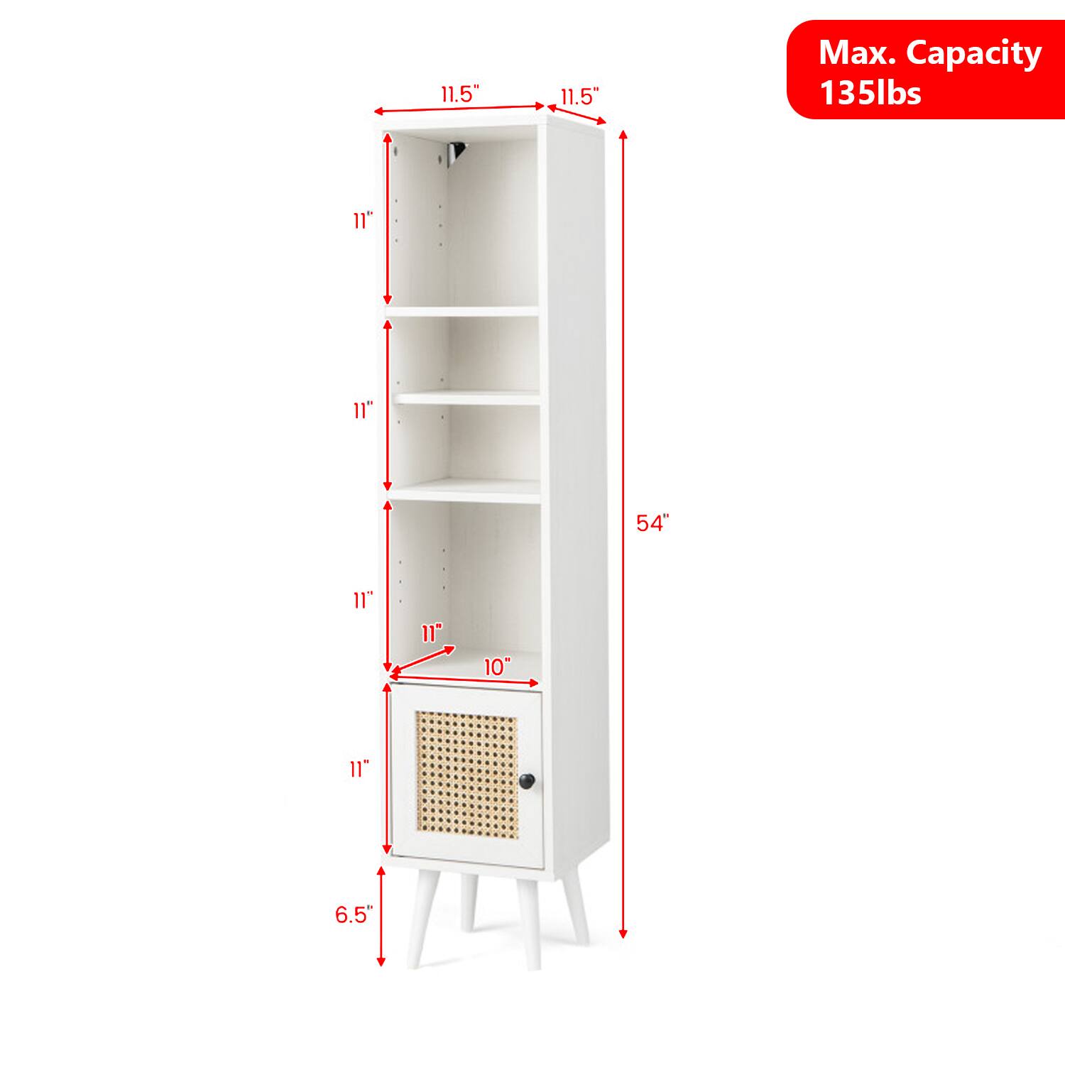 11.5"  
11.5"  
Max. Capacity 135lbs  
11"  
11"  
54"  
11"  
11"  
10"  
11"  
6.5"