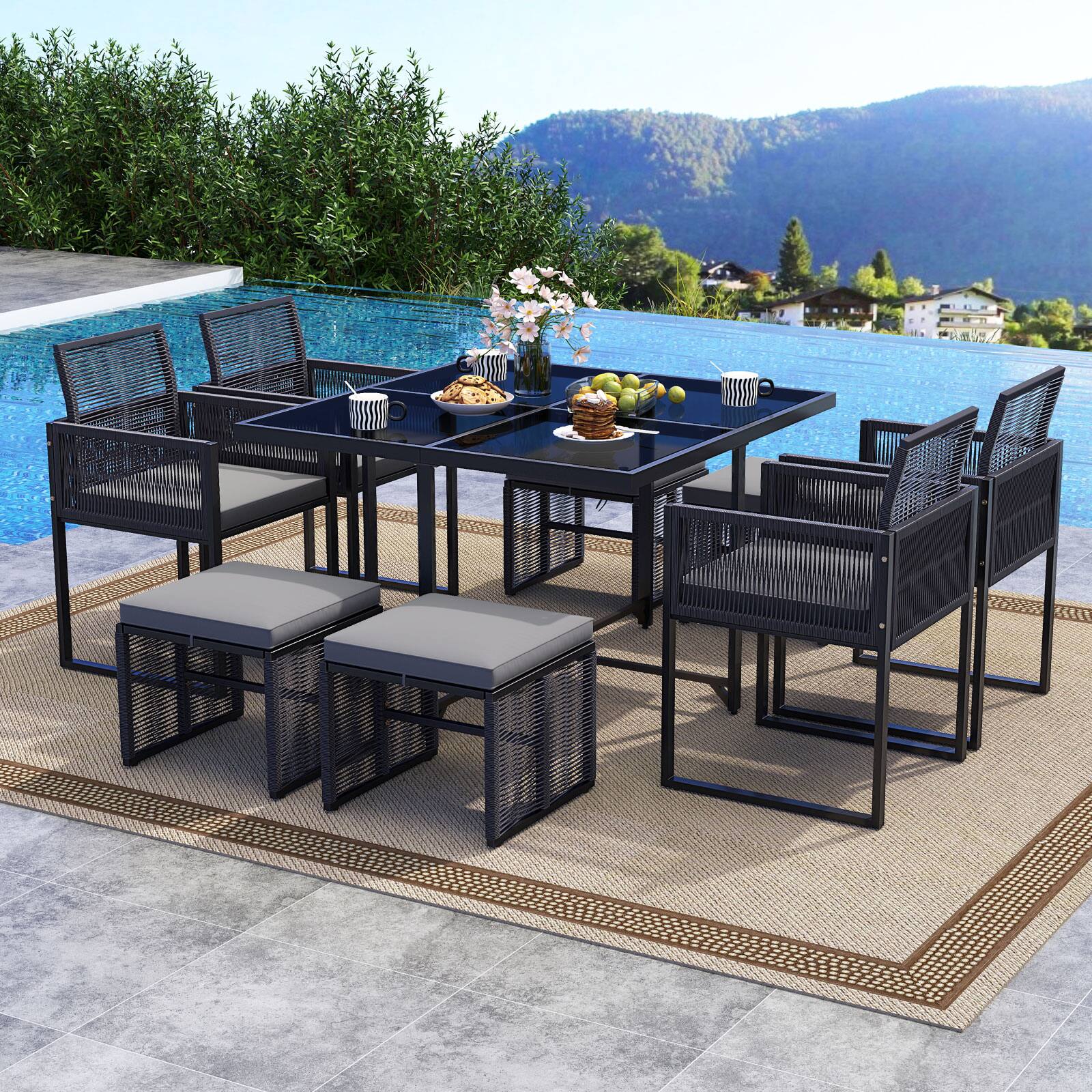 Costway - 9 PCS Patio Dining Set with PE Rattan Chairs Tempered Glass Table and Ottomans - Black