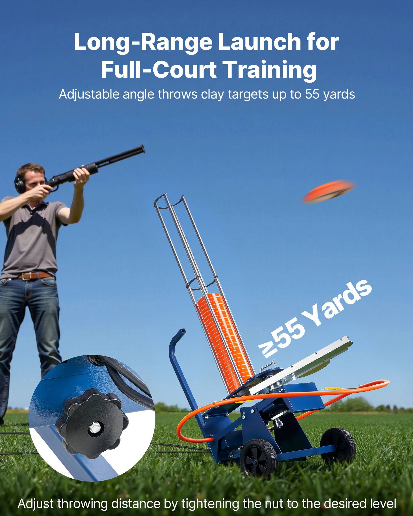 Long-Range Launch for Full-Court Training  
Adjustable angle throws clay targets up to 55 yards  

Adjust throwing distance by tightening the nut to the desired level