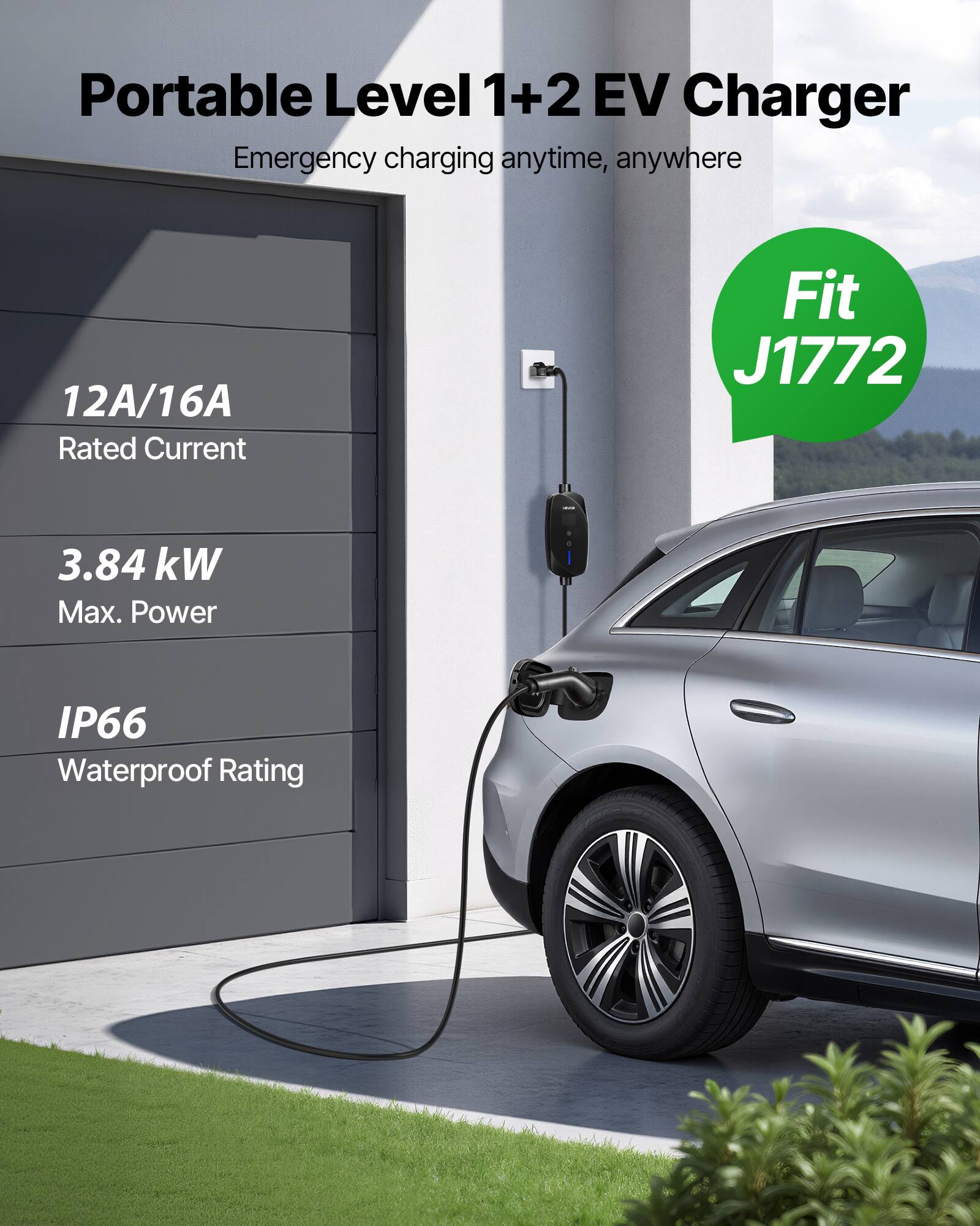 Portable Level 1+2 EV Charger  
Emergency charging anytime, anywhere  

12A/16A Rated Current  
3.84 kW Max. Power  
IP66 Waterproof Rating  

Fit J1772