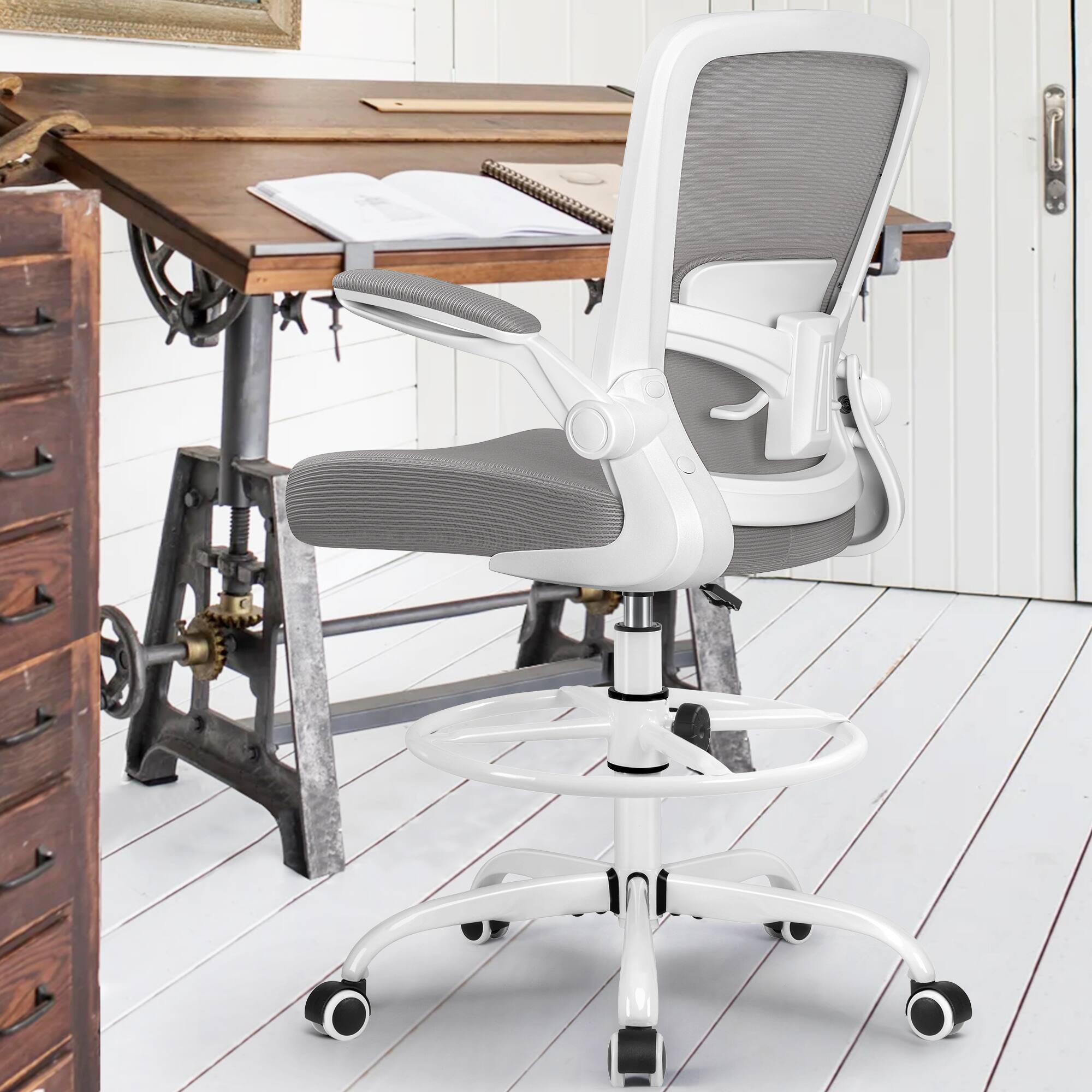 Left. Brick Attic - Drafting Chair, Tall Office Chair Ergonomic Desk Chair, Task Rolling Chair with Adjustable Flip-up Armrests Foot Ring - Grey.