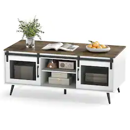 Costway - 48" Farmhouse Coffee Table with Sliding Doors Adjustable Shelf Storage Compartments - Rustic Brown + White