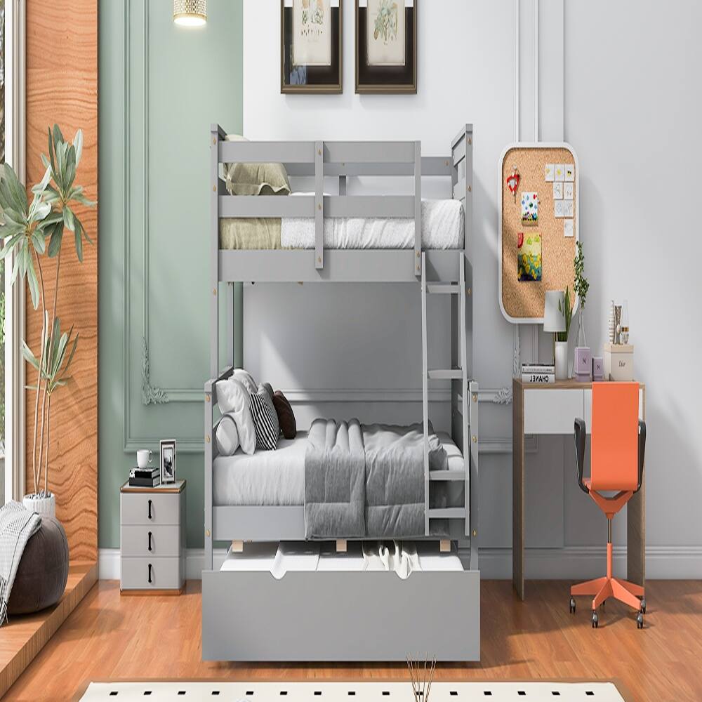Alt View 4. Loheer - Loheer Twin Over Full Bunk Bed with Trundle, Gray Wooden Bunk Bed with Ladder and Guardrail - Gray.