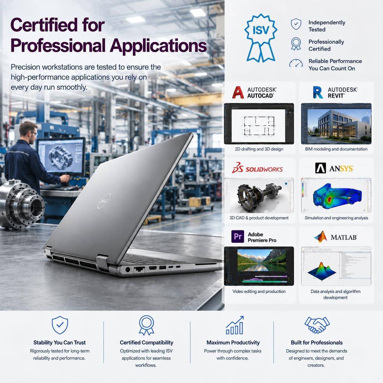 Certified for Professional Applications

Precision workstations are tested to ensure the high-performance applications you rely on every day run smoothly.

Independently Tested Professionally Certified Reliable Performance You Can Count On

AUTODESK AUTOCAD
2D drafting and 3D design

AUTODESK REVIT
BIM modeling and documentation

SOLIDWORKS
3D CAD & product development

ANSYS
Simulation and engineering analysis

Adobe Premiere Pro
Video editing and production

MATLAB
Data analysis and algorithm development

Stability You Can Trust
Rigorously tested for long-term reliability and performance.

Certified Compatibility
Optimized with leading ISV applications for seamless workflows.

Maximum Productivity
Power through complex tasks with confidence.

Built for Professionals
Designed to meet the demands of engineers, designers, and creators.