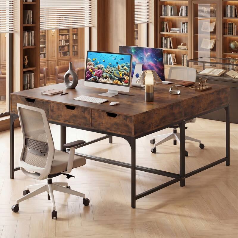 Angle. WELLFOR - 43.5" Computer Desk with Power Outlets & Drawers，Study & Writing Desk with Metal Frame for Home Office - Rustic Brown.