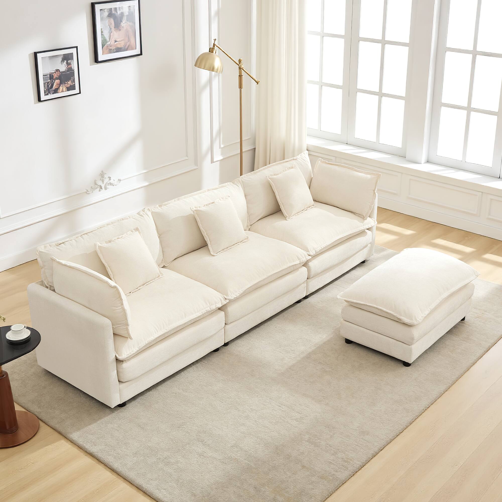 Alt View 7. KERDOM - Deep Seat Sectional 3 Seat Sofa Set with 1 Ottoman Movable & Pillows, Sleeper Sofa Bed Chaise Longue L Shaped Couch - Beige.