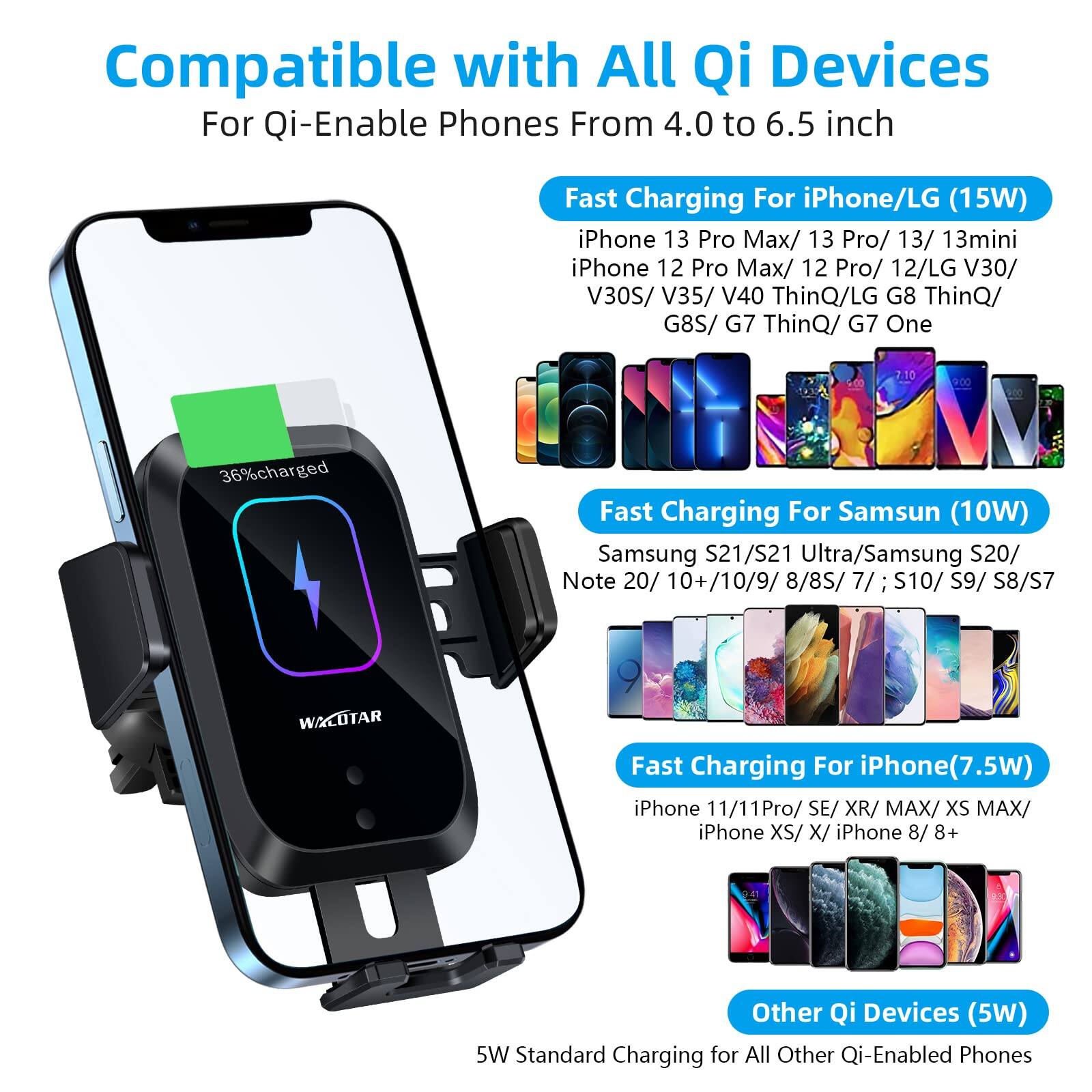 Compatible with All Qi Devices  
For Qi-Enable Phones From 4.0 to 6.5 inch  

Fast Charging For iPhone/LG (15W)  
iPhone 13 Pro Max/ 13 Pro/ 13/ 13mini  
iPhone 12 Pro Max/ 12 Pro/ 12/LG V30/ V30S/ V35/ V40 ThinQ/ LG G8 ThinQ/ G8S/ G7 ThinQ/ G7 One  

Fast Charging For Samsung (10W)  
Samsung S21/S21 Ultra/Samsung S20/ Note 20/ 10+/10/9/ 8/8S/ 7/ S10/ S9/ S8/S7  

Fast Charging For iPhone (7.5W)  
iPhone 11/11Pro/ SE/ XR/ MAX/ XS MAX/ iPhone XS/ X/ iPhone 8/ 8+  

Other Qi Devices (5W)  
5W Standard Charging for All Other Qi-Enabled Phones