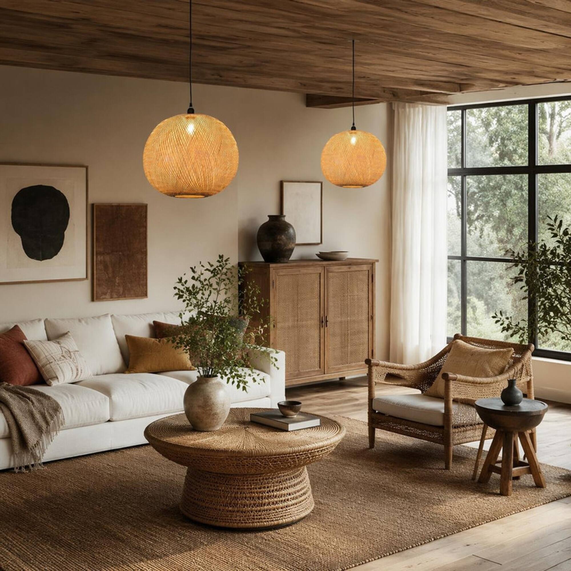Left. RYHNUYNE - Boho Round Rattan Pendant Ceiling Light, Hand-Woven Natural Bamboo Hanging Lamp for Dining Living Room - Beige.