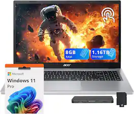 Acer - Aspire Go 15.6" FHD Touchscreen Laptop,AMD Ryzen 5 7520U,8GB LPDDR5,1TB SSD+160GB Dock Station,Win 11 Pro - Silver