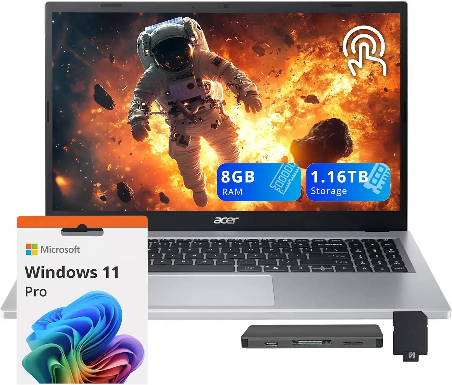 Acer - Aspire Go 15.6" FHD Touchscreen Laptop,AMD Ryzen 5 7520U,8GB LPDDR5,1TB SSD+160GB Dock Station,Win 11 Pro - Silver