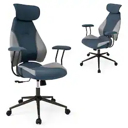 Costway - Ergonomic Office Chair with 2D Headrest, Rocking Backrest & Wheels, Gaming Chair - Gray & Blue