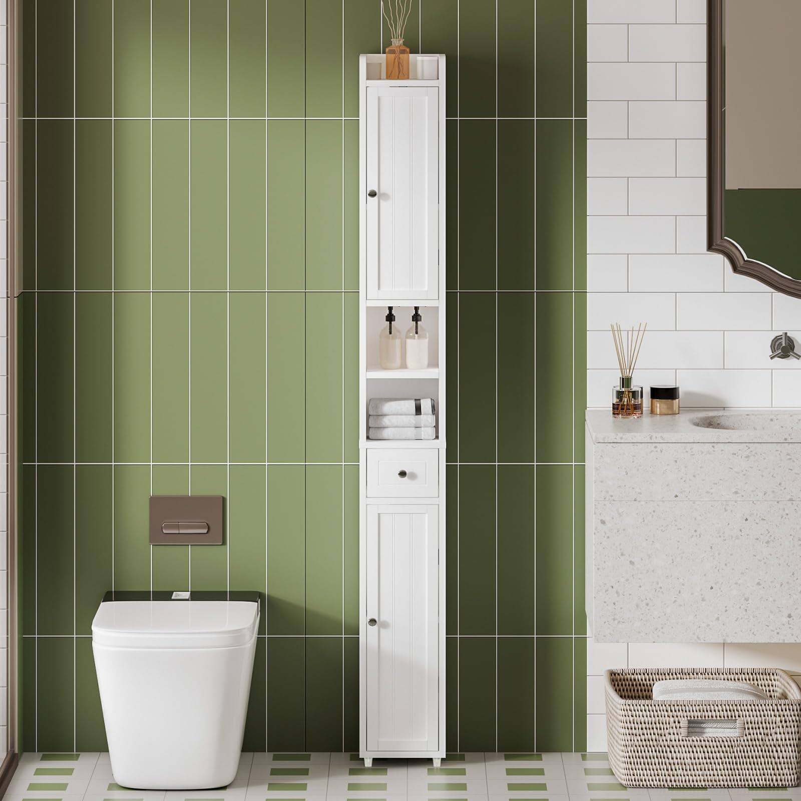 Left. Hirose Alice - Narrow Storage Cabinet With Shelves Tall 2 Doors And 1 Drawer Cupboard For Small Spaces designed newly - White.