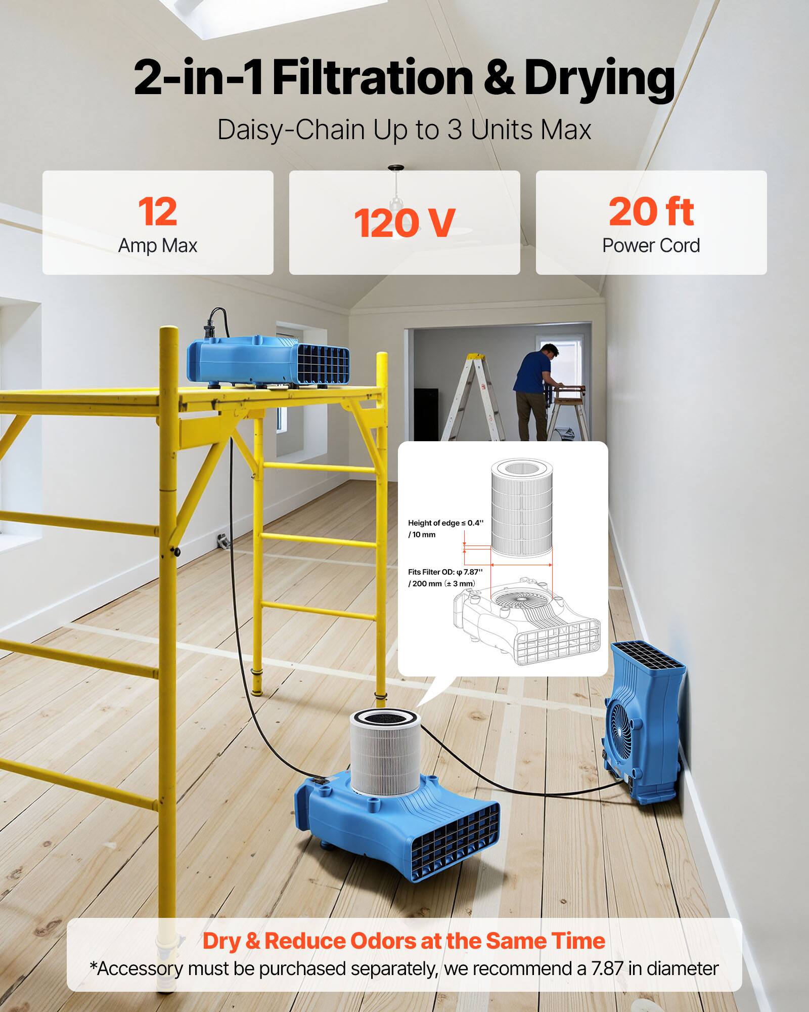 2-in-1 Filtration & Drying Daisy-Chain Up to 3 Units Max  
12 Amp Max  
120 V  
20 ft Power Cord  

Height of edge - 0.4" (10 mm)  
Fits Filter OD: 7.87" (200 mm) ± 3 mm  

Dry & Reduce Odors at the Same Time  
*Accessory must be purchased separately, we recommend a 7.87 in diameter