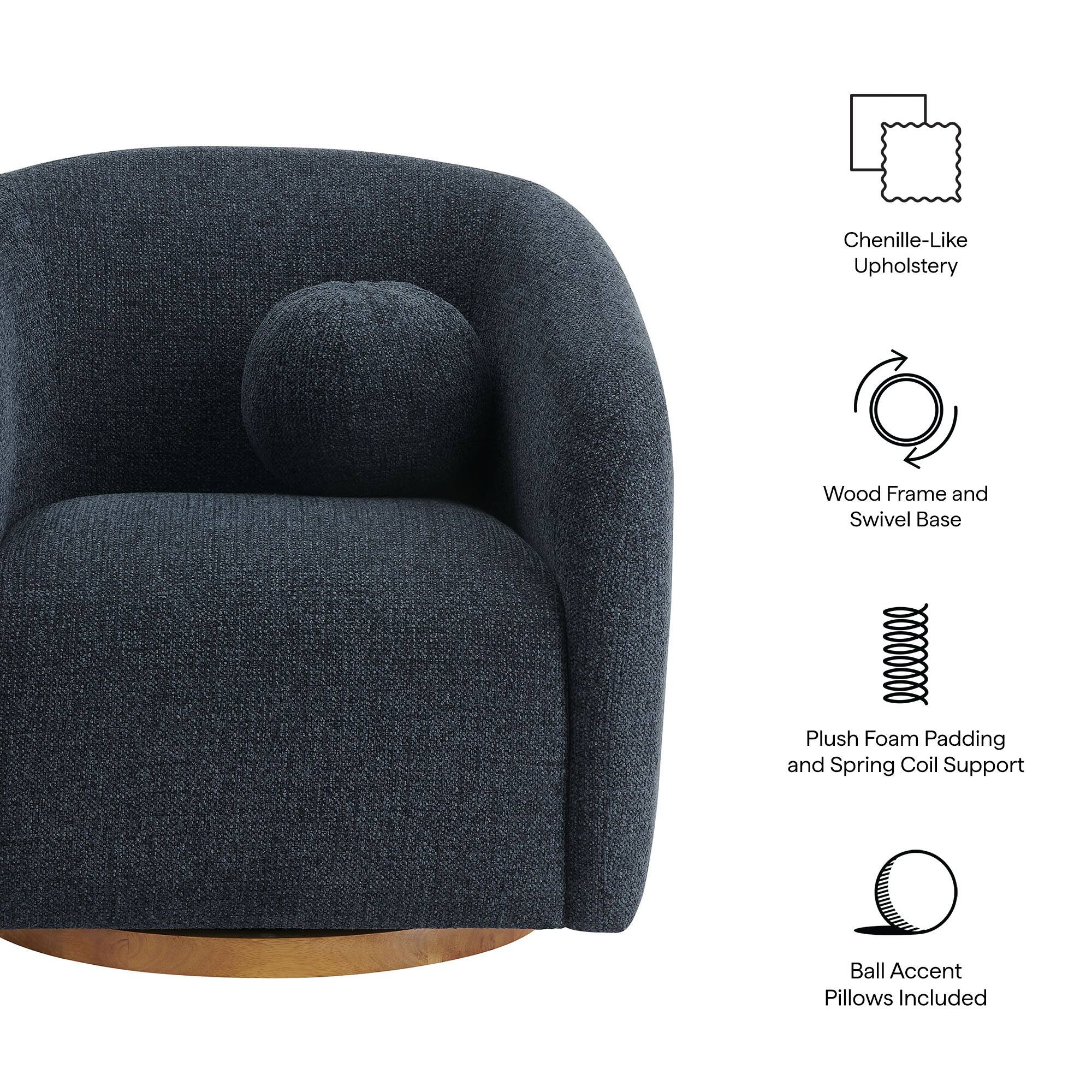 Chenille-Like Upholstery  
Wood Frame and Swivel Base  
Plush Foam Padding and Spring Coil Support  
Ball Accent Pillows Included