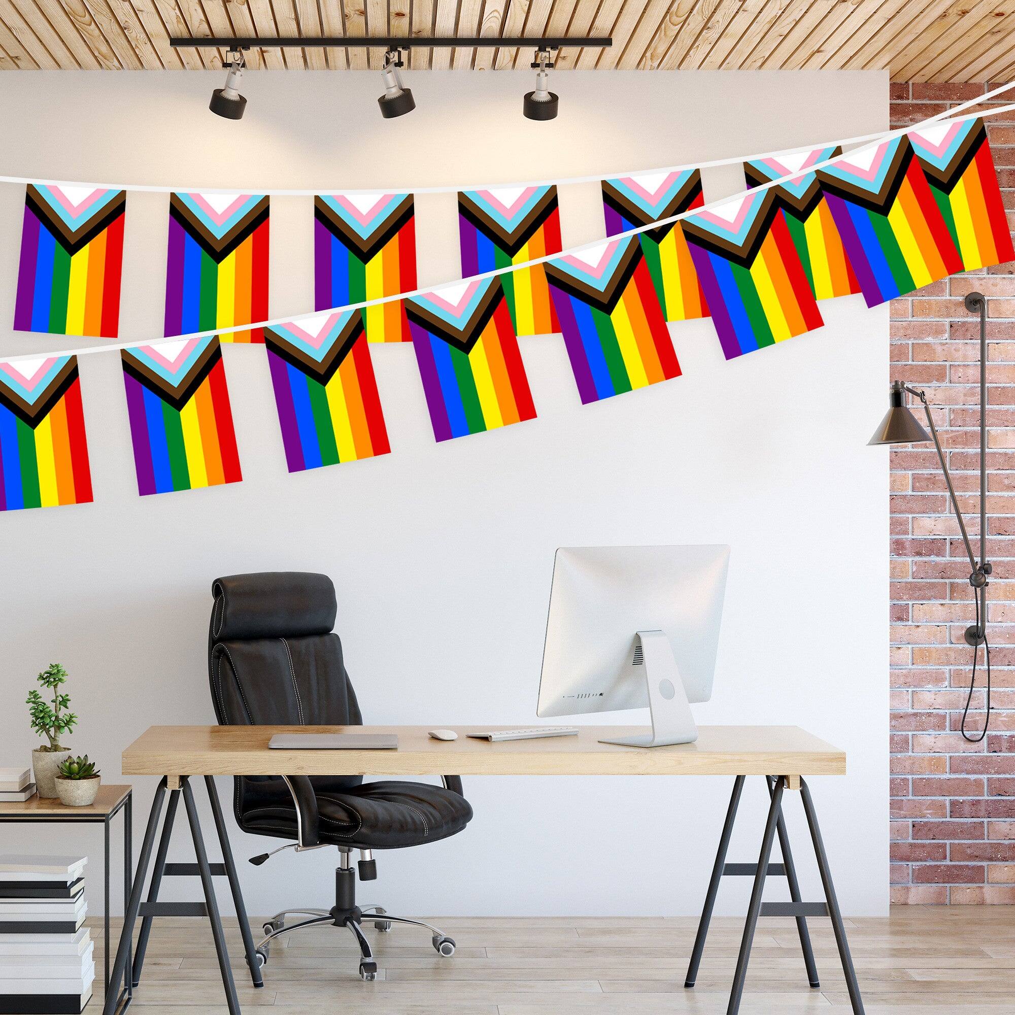 Left. G128 - LGBT Progress Pride Bunting Banner, 33 ft with 38 Mini Flags, 150D Polyester. - Vivid colors.