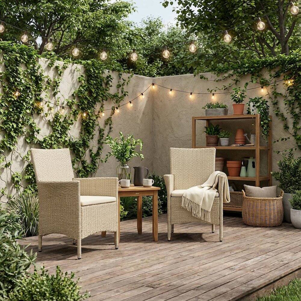 Alt View 2. Outdoor Escape - Cream Wicker Patio Chair Set of 2 with Outdoor-Ready Frame - Brown.