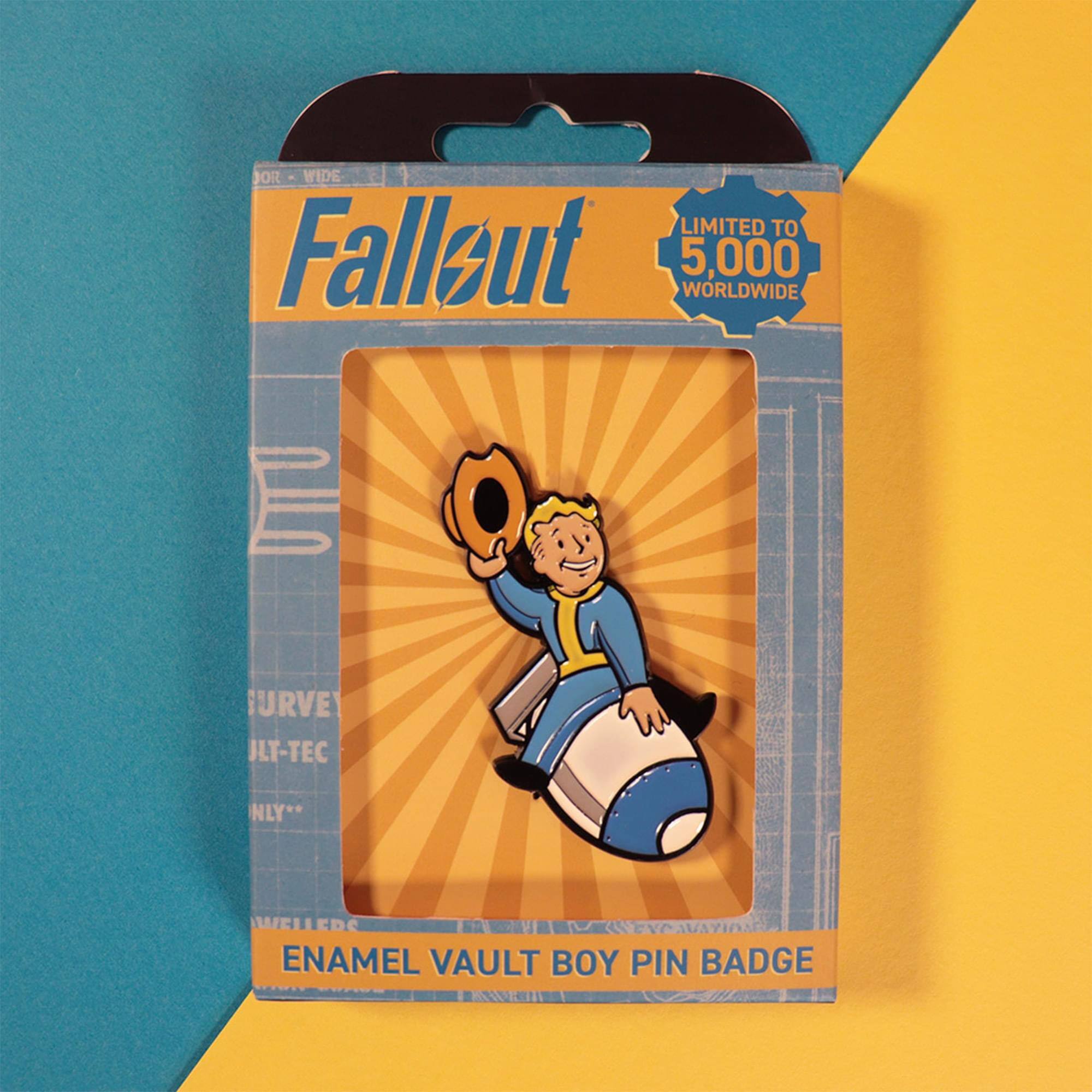 Sure, here is the corrected and grouped text from the image:

---

**Fallout**

LIMITED TO 5,000 WORLDWIDE

**ENAMEL VAULT BOY PIN BADGE**

---

**JOR - WIDE**

**SURVEY**

**ULT-TEC**

**ONLY**

**WELLERS**

---