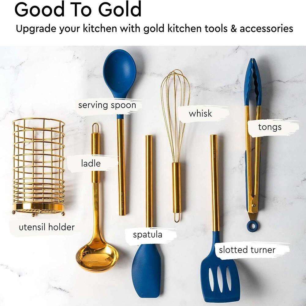 RTMB - Seven-piece silicone cooking tools for nonstick cookware with a utensil holder - Navy & Gold