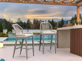 PURPLE LEAF - Patio Outdoor Bar Stool Bar Height Set of 2 Rattan Chair with Back Modern Aluminum Woven Barstools for Garden Indoor - Light Grey-Bar Stool