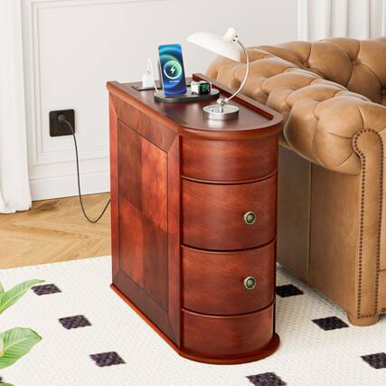 Front. LOVMOR - 23.6 In. Wood End Table with Charging Station Narrow Side Table Finished Back Vintage Nightstand - Reddish Brown.