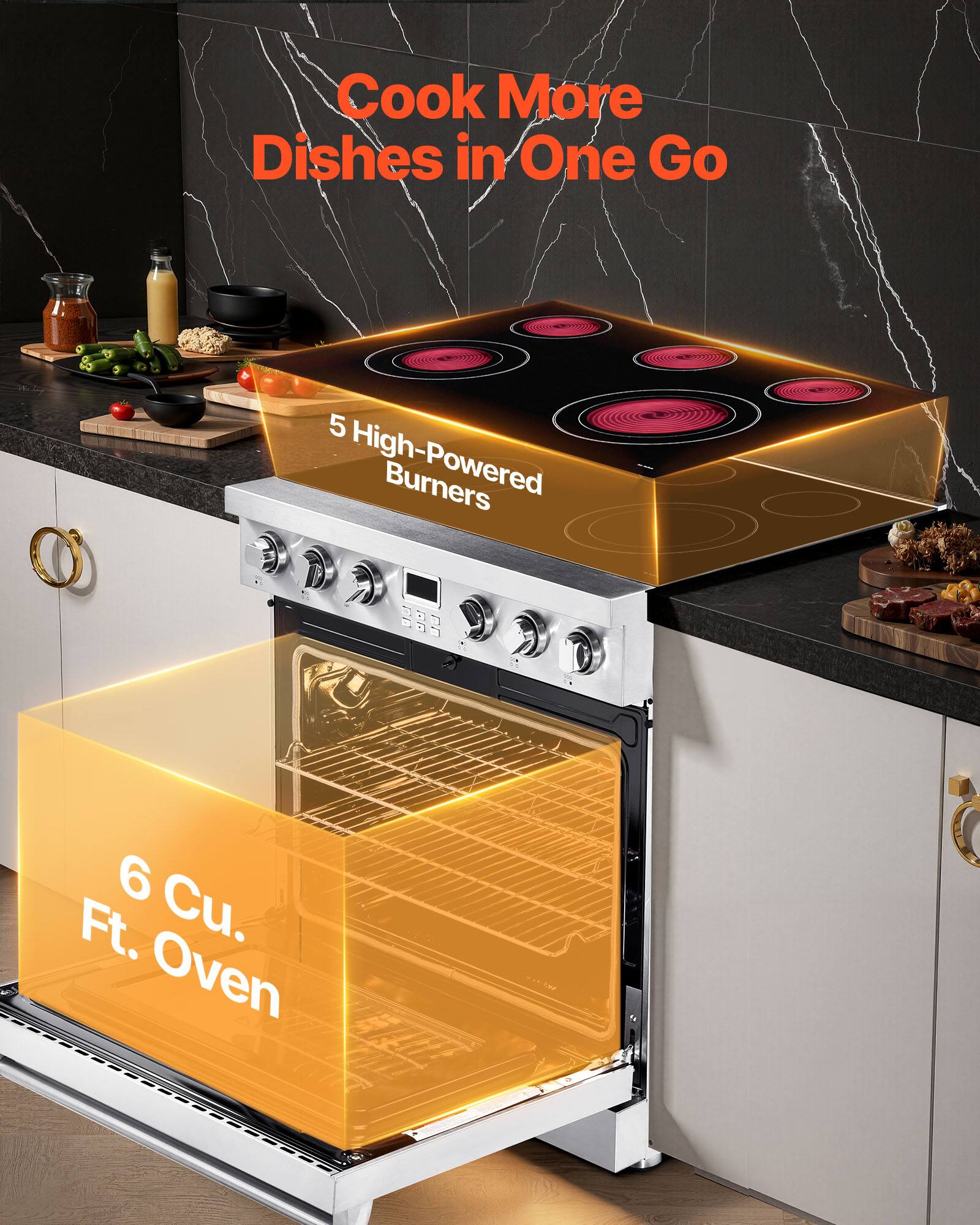Cook More Dishes in One Go

5 High-Powered Burners

6 Cu. Ft. Oven