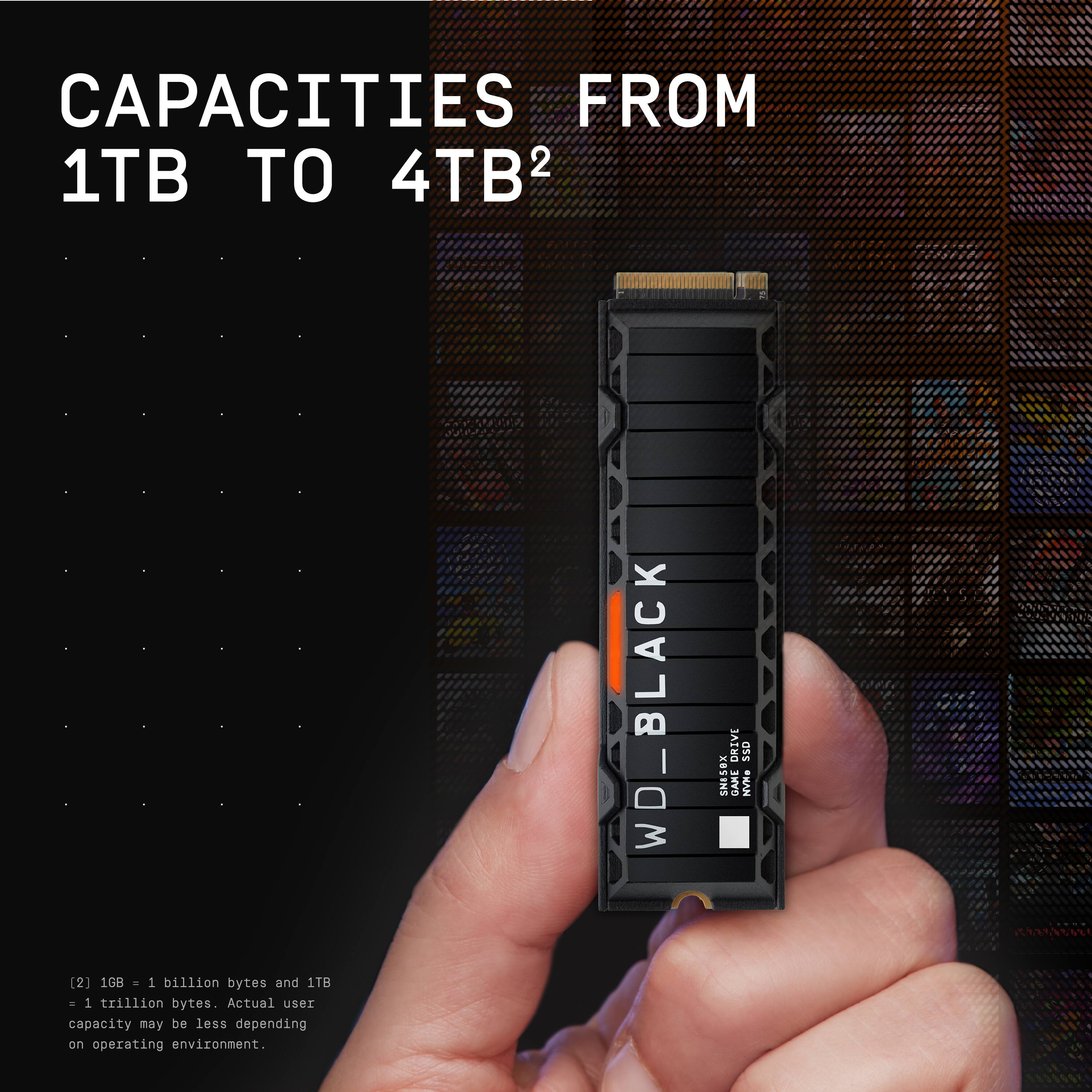 The text on the image reads: "Capacities from 1TB to 4TB. 1TB = 1 trillion bytes, 1GB = 1 billion bytes. Actual user capacity may be less depending on operating environment. WD_BLACK SSD."