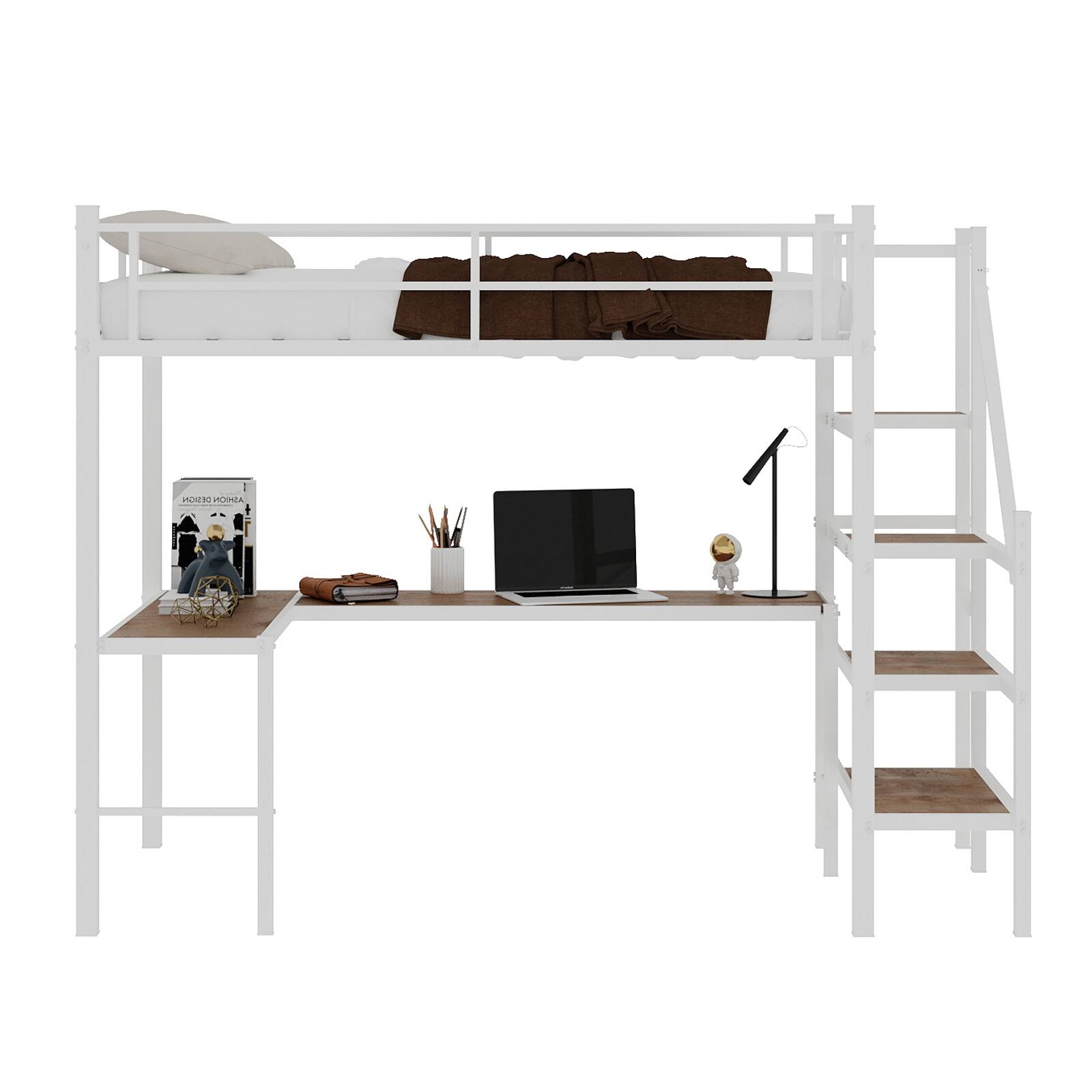 Alt View 6. Loheer - Loheer Twin Size White Iron and Wood Loft Bed with Built In Desk Space Saving Compact Frame - White.