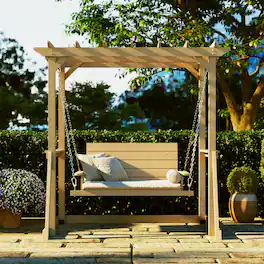 Famapy - Solid Cedar 2-Person Pergola Swing - Weather-Resistant Outdoor Patio Swing with Heavy-Duty Chain, 600LBS Capacity - Wooden