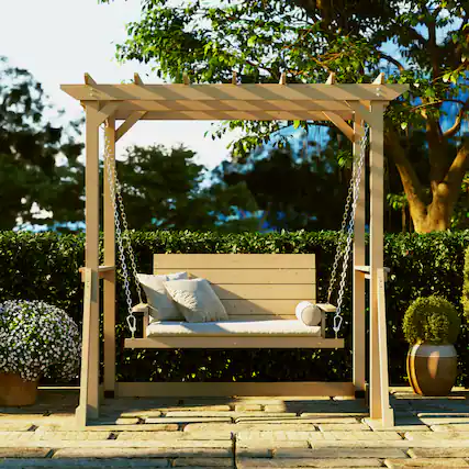 Front. Famapy - Solid Cedar 2-Person Pergola Swing - Weather-Resistant Outdoor Patio Swing with Heavy-Duty Chain, 600LBS Capacity - Wooden.