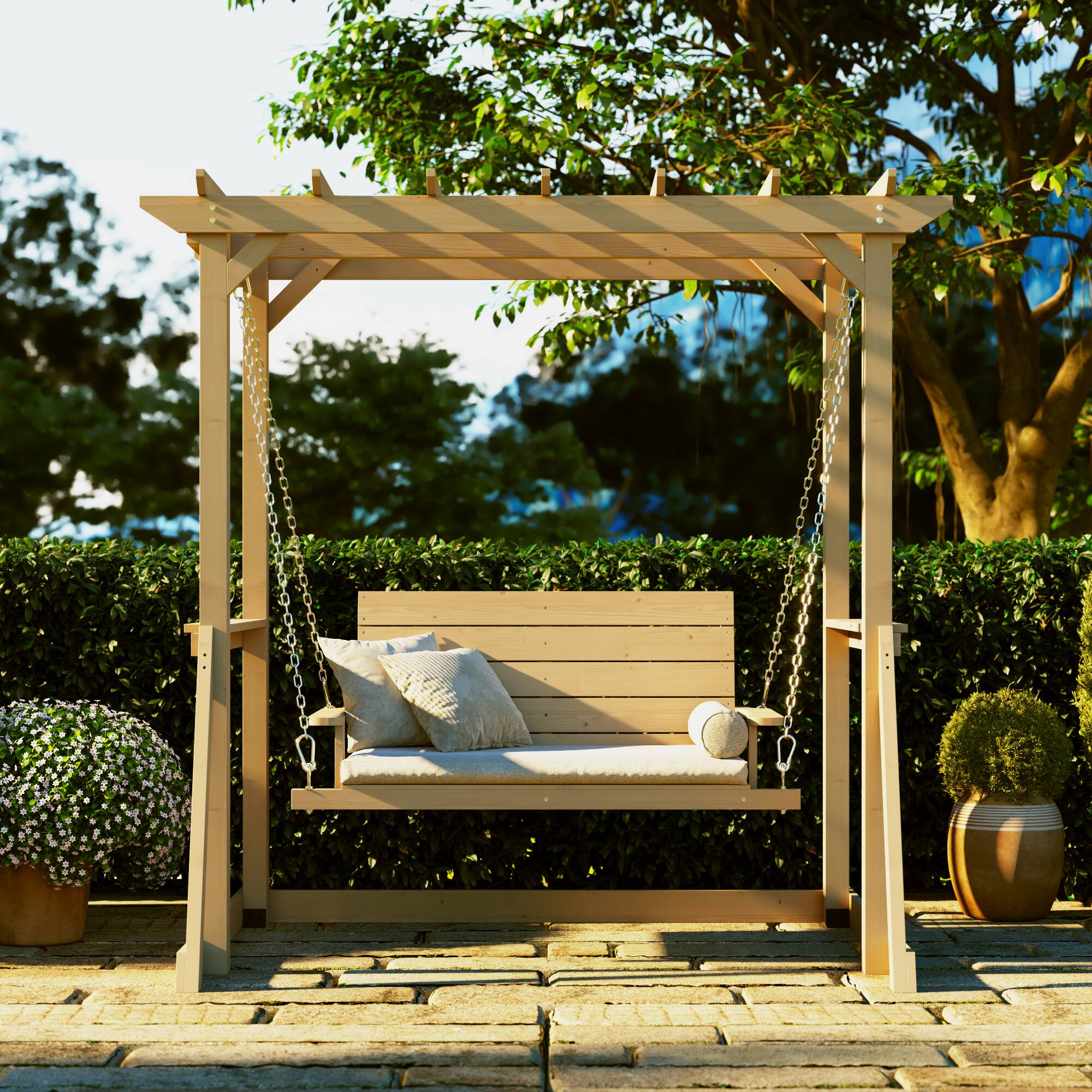 Front. Famapy - Solid Cedar 2-Person Pergola Swing - Weather-Resistant Outdoor Patio Swing with Heavy-Duty Chain, 600LBS Capacity - Wooden.