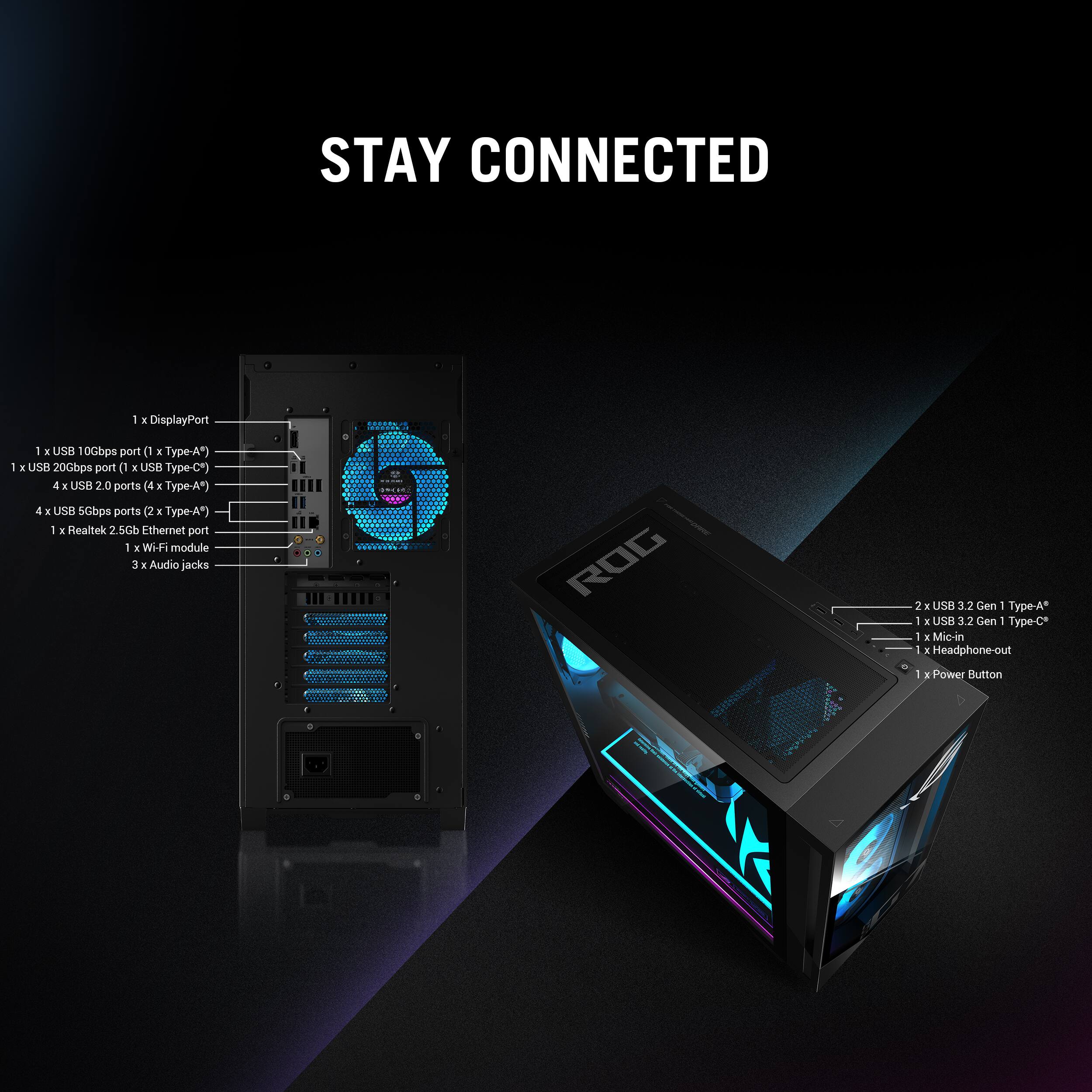 STAY CONNECTED - DisplayPort 1.1, USB 0Gbps port 1, USB Type-C, 4 x USB 2.0 ports, 4 x USB 3.2 Gen 1 Type-A, 4 x USB 2.0 ports, 4 x USB 3.2 Gen 1 Type-A, Realtek 2.5Gb Ethernet port, 1 x WHF module, 3 x Audio jacks, ROG 2.3, USB 3.2 Gen 1 Type-C, Mic-in, Headphone-out, Power Button.