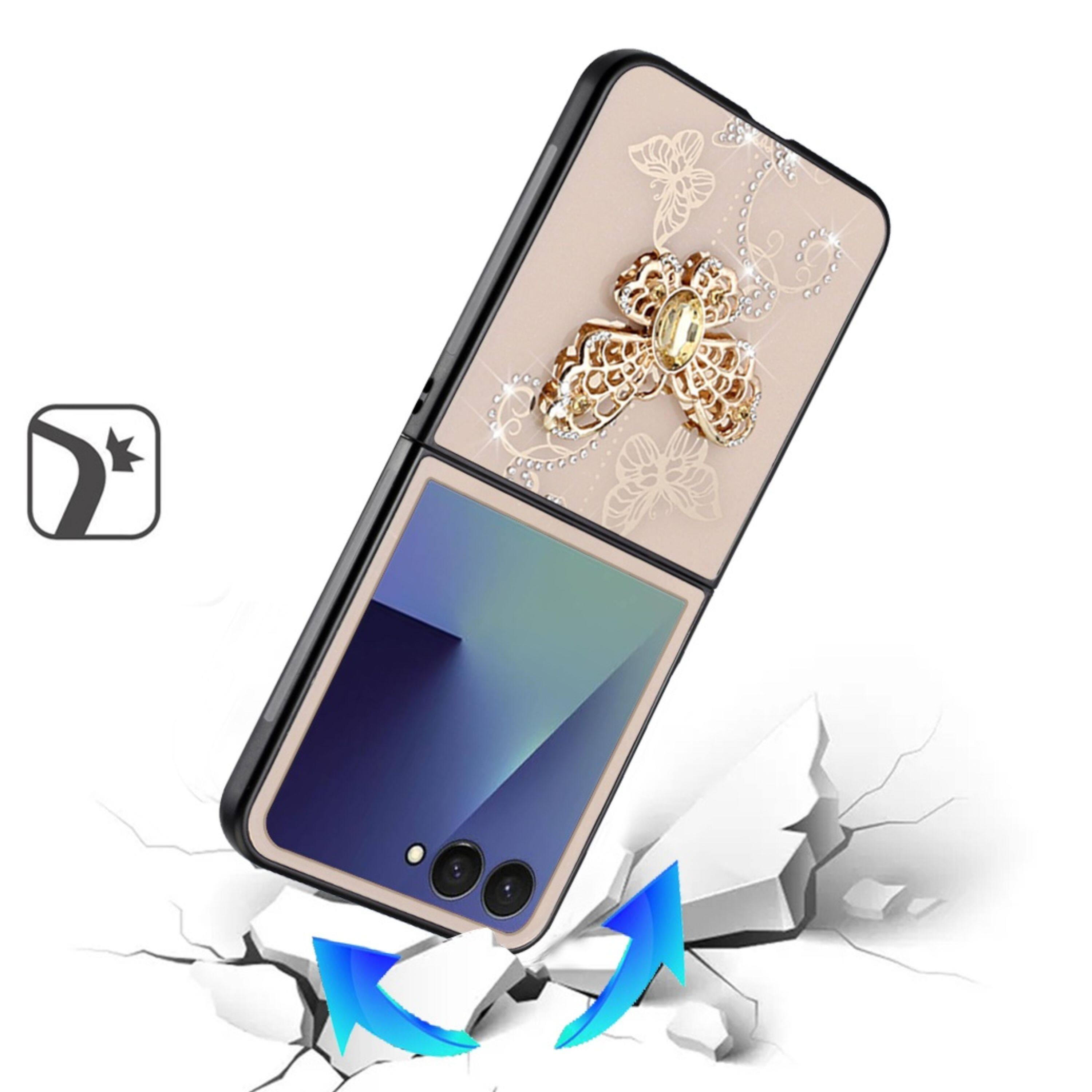 Left. Kitcheniva - Rhinestone Glitter Cover Case With Tempered Glass For Samsung Z Flip7 Butterflies Gold - Garden Butterflies Gold.