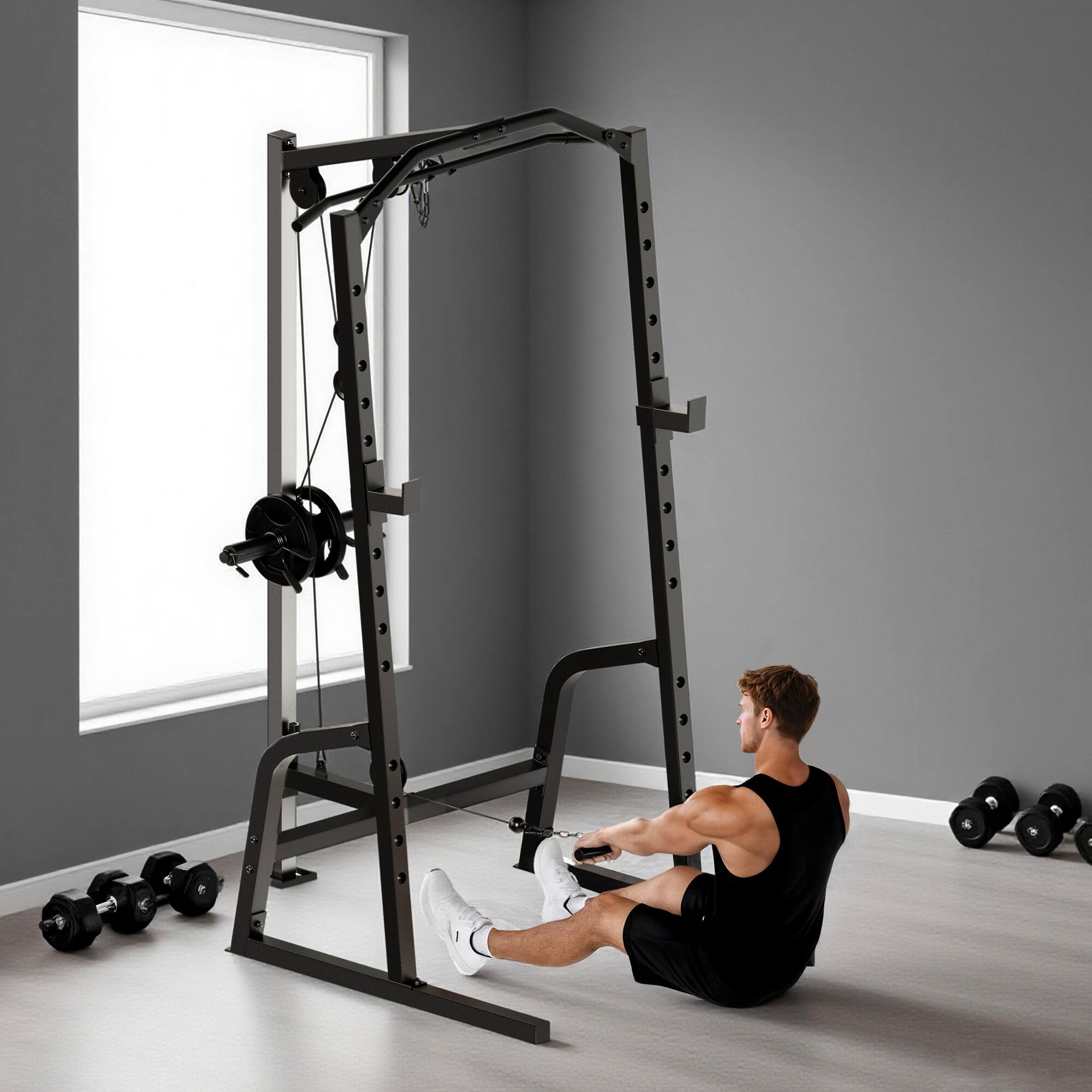 Alt View 8. Soozier - Power Cage, Multi-Functional Power Rack with Cable Pulley System, 15-Level Squat Rack, Pull up Stand and Push up Stand - Black.