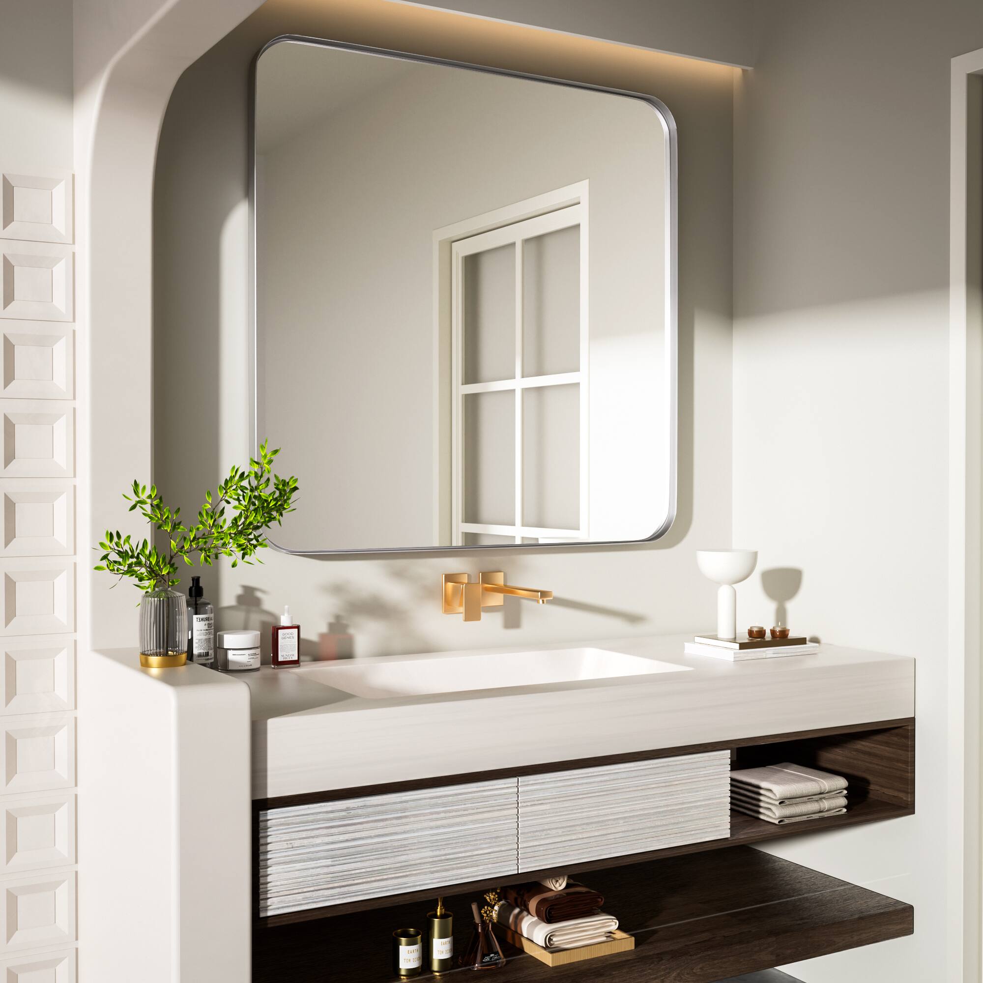 Alt View 12. LOVMOR - Tempered Glass Rounded Rectangle Framed Wall-Mounted Bathroom Vanity Mirror - 36" x 36" - Silver.