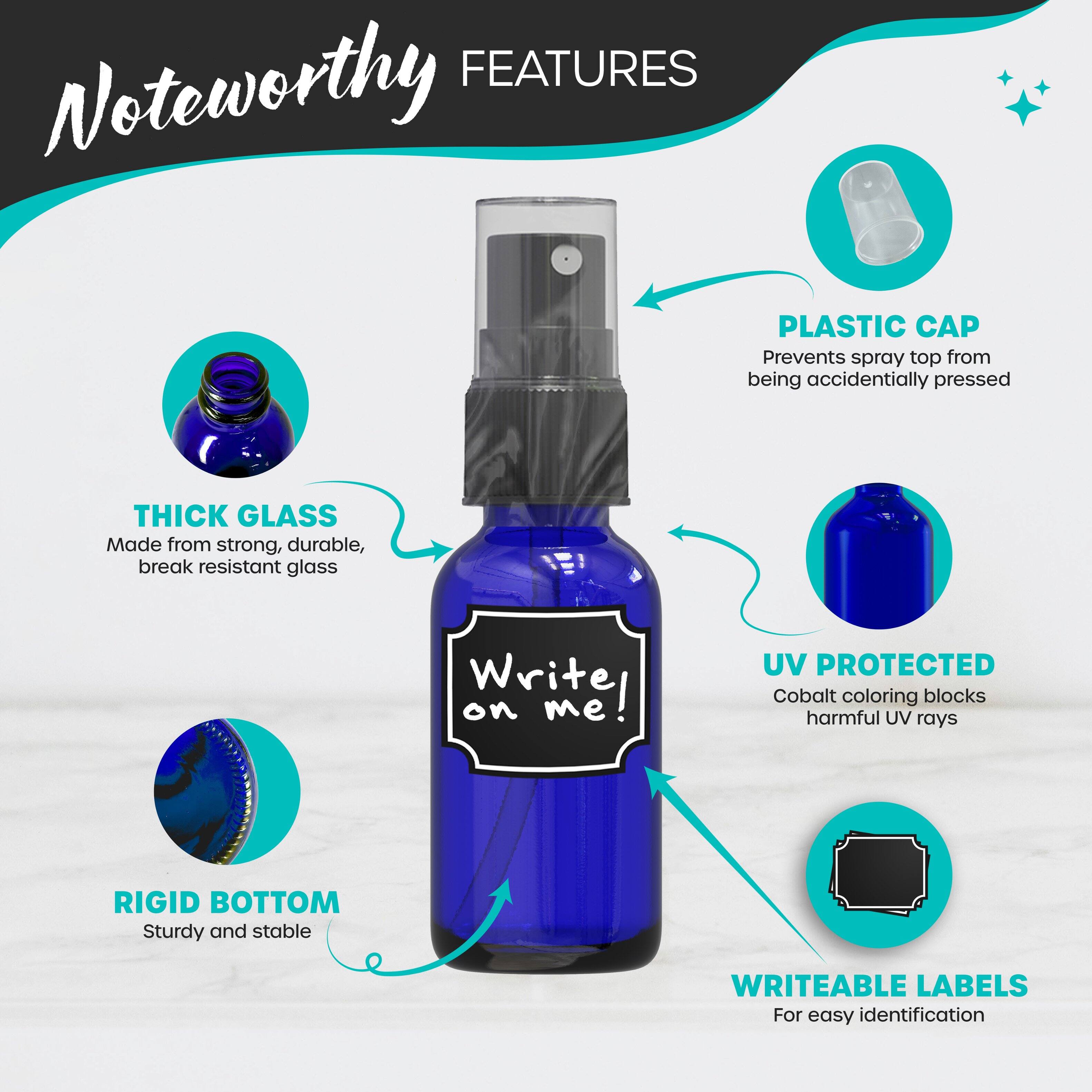 **Noteworthy Features**

- **Plastic Cap**: Prevents spray top from being accidentally pressed
- **Thick Glass**: Made from strong, durable, break-resistant glass
- **UV Protected**: Cobalt coloring blocks harmful UV rays
- **Rigid Bottom**: Sturdy and stable
- **Writeable Labels**: For easy identification