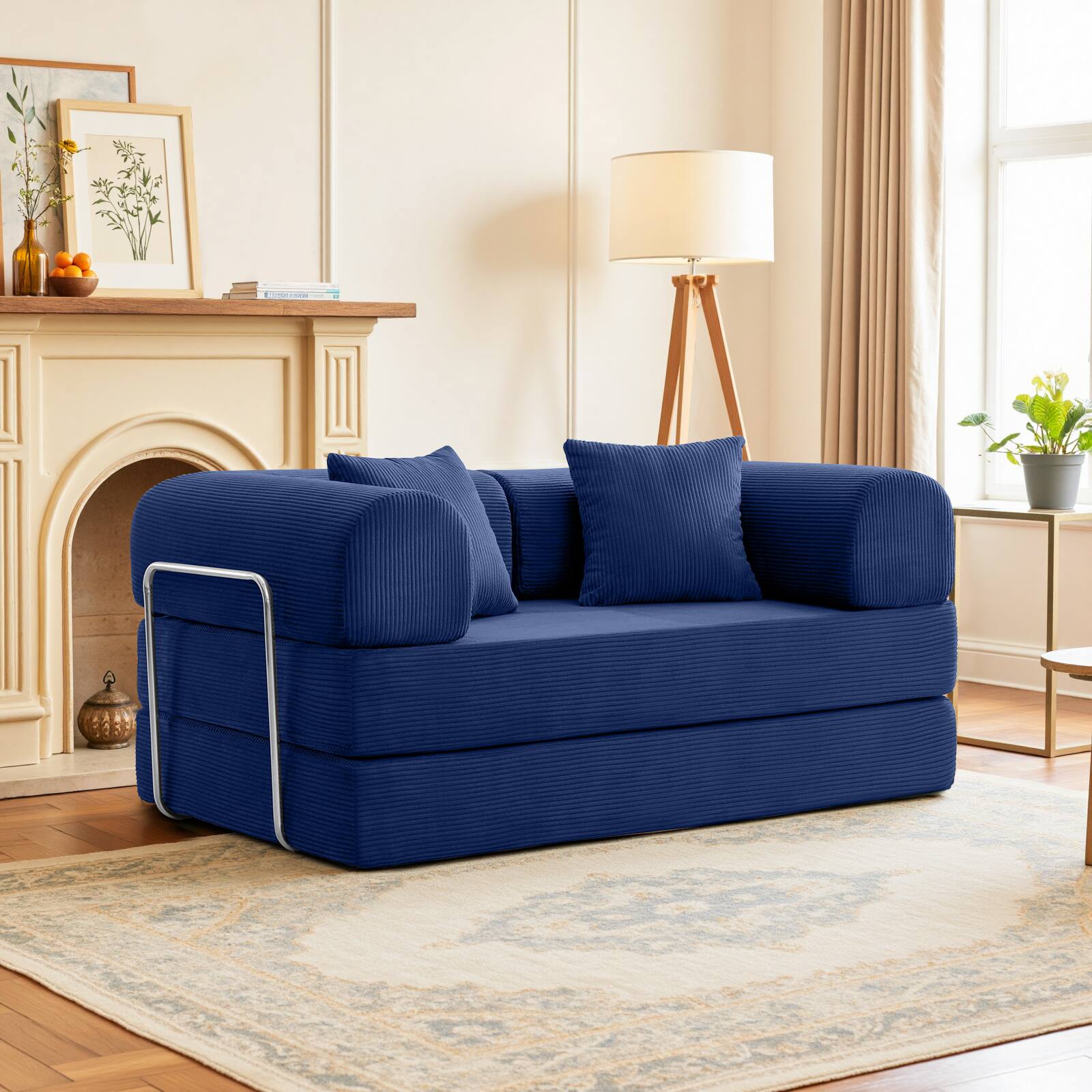 Alt View 4. KERDOM - 62'' Wide Corduroy Sleeper Sofa Bed, Convertible Loveseat Sofa With Pull-out Bed, Foldable Spliced Block Lounge Couch - Navy Blue.