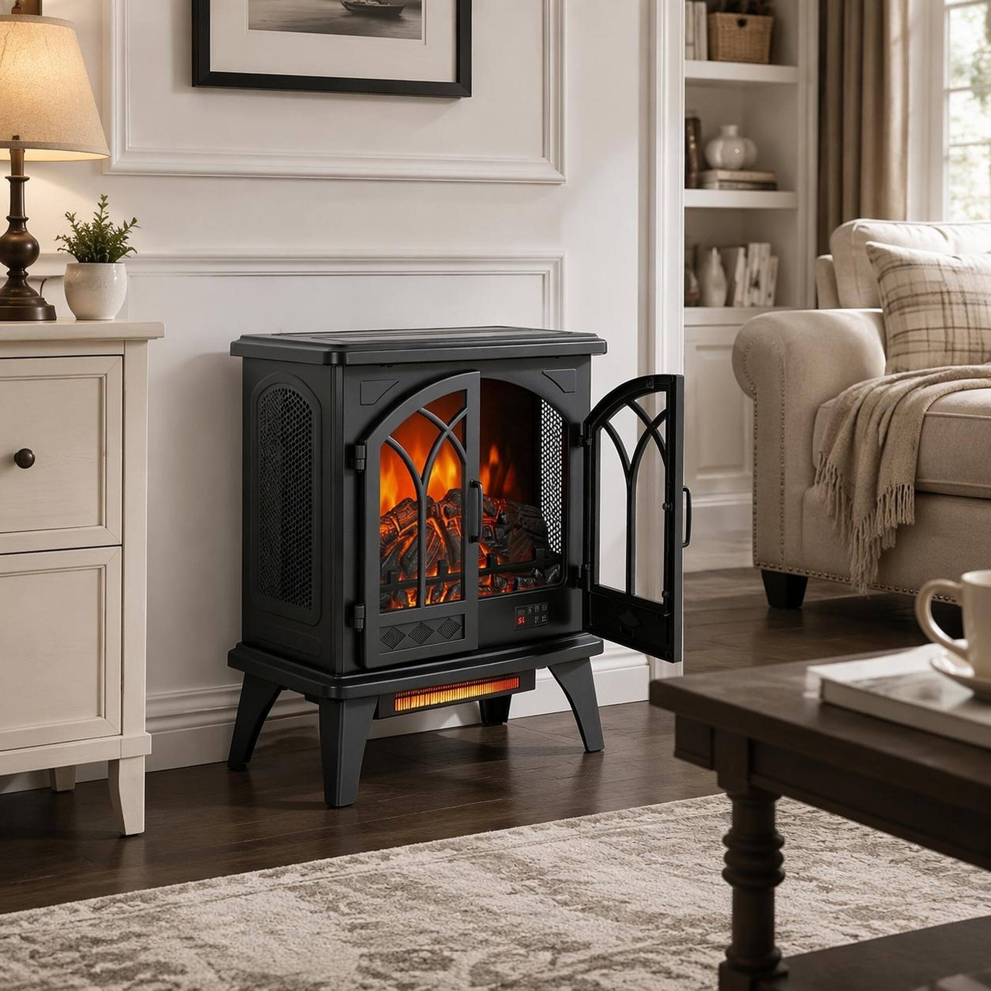Angle. RYHNUYNE - 24 Inch 3D Flame Electric Infrared Quartz Fireplace Stove with Remote Control for Living Room Bedroom Home Office - Antique Black.