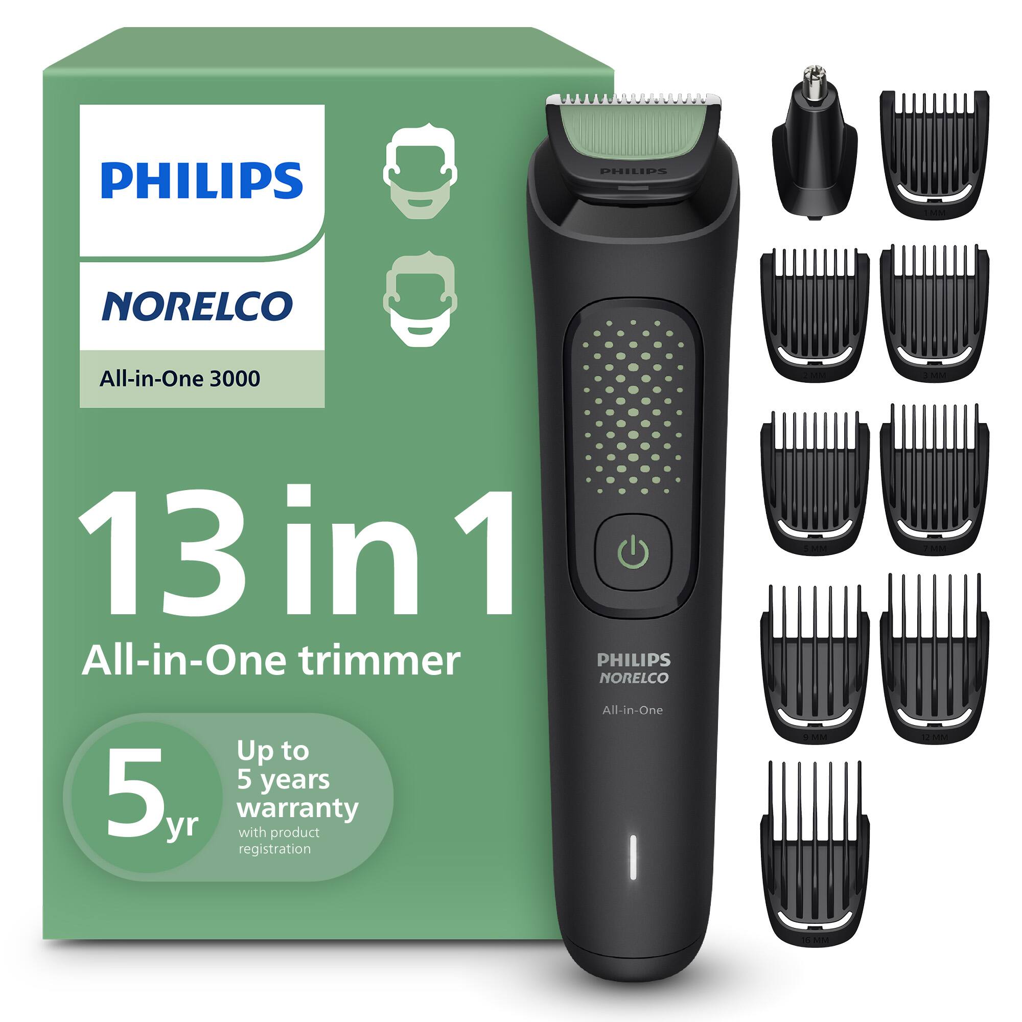 PHILIPS NORELCO All-in-One 3000 13 in 1 All-in-One trimmer  
PHILIPS NORELCO Up to 5 years 5 yr warranty with product registration  
All-in-One TA