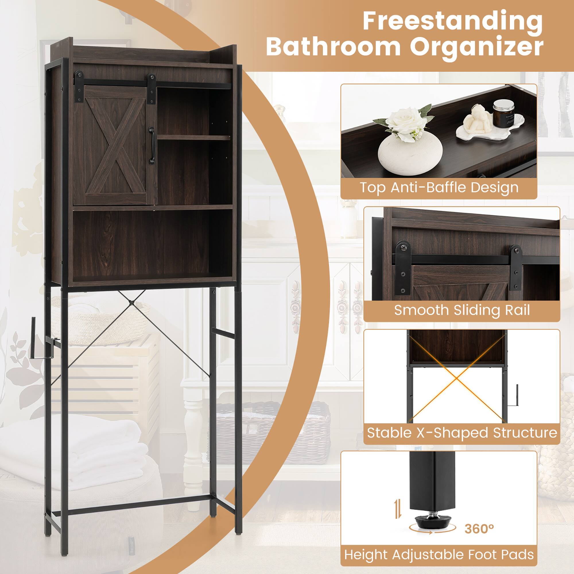 Freestanding Bathroom Organizer

- Top Anti-Baffle Design
- Smooth Sliding Rail
- Stable X-Shaped Structure
- Height Adjustable Foot Pads (360°)