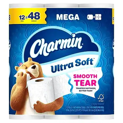 8 12-48 12 MEGA Charmin Ultra Soft
SMOOTH TEAR
TRUSTED SOFTNESS, BETTER TEAR!
1 FSC
12 ROLLS BATHROOM TISSUE
208 SHEETS PER ROLL
249 D (271F)
9.9 c
12 g (3.92 IN)