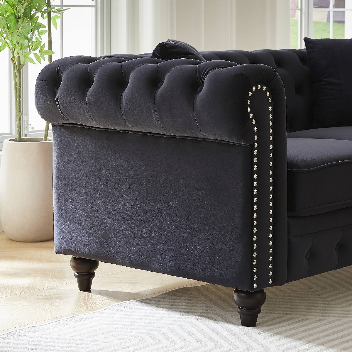 Alt View 6. Ropilly - Ropilly Black Velvet Chesterfield Sofa, Button Tufted 2 Seat Living Room Sofa with Pillows - Black.