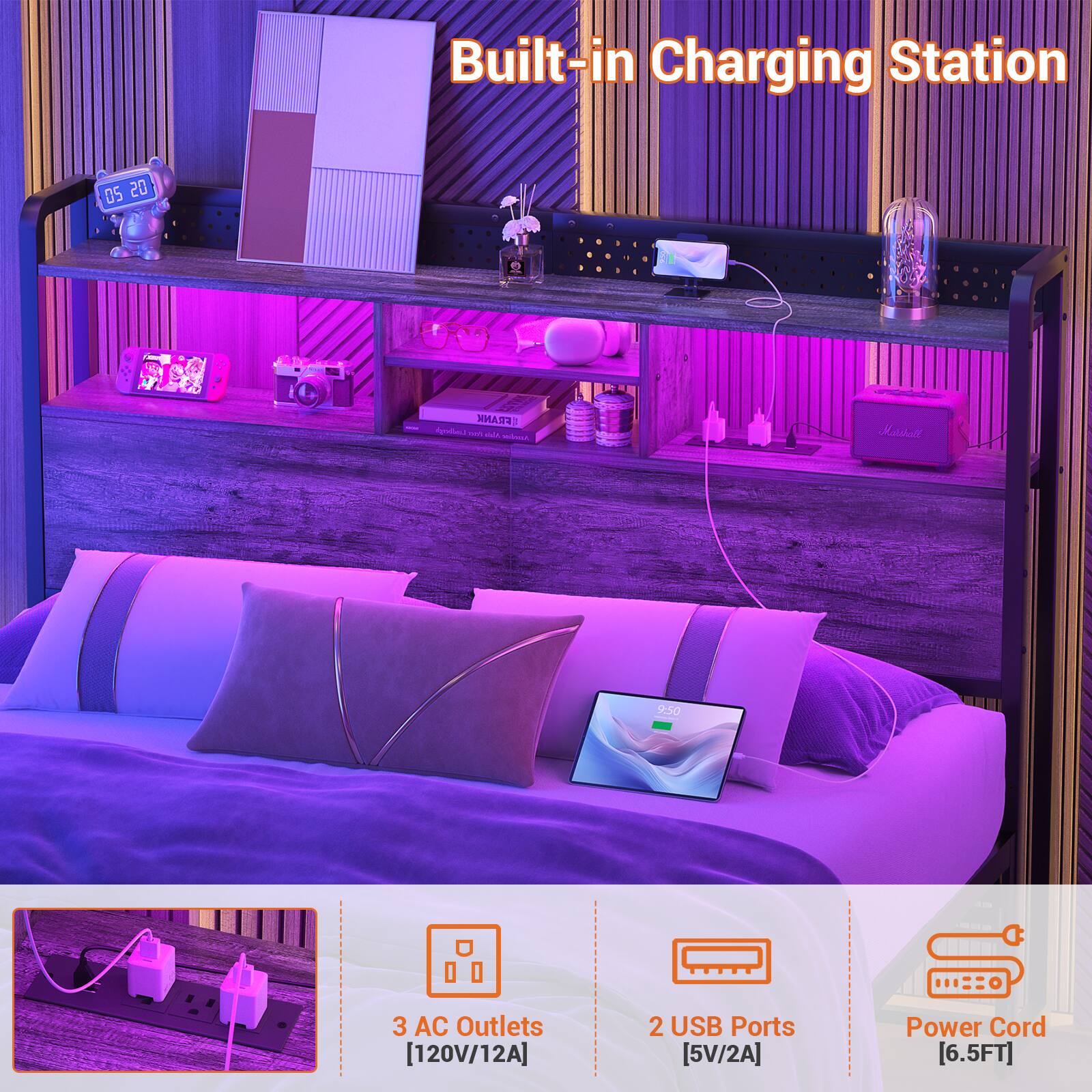 Built-in Charging Station

- 3 AC Outlets [120V/12A]
- 2 USB Ports [5V/2A]
- Power Cord [6.5FT]