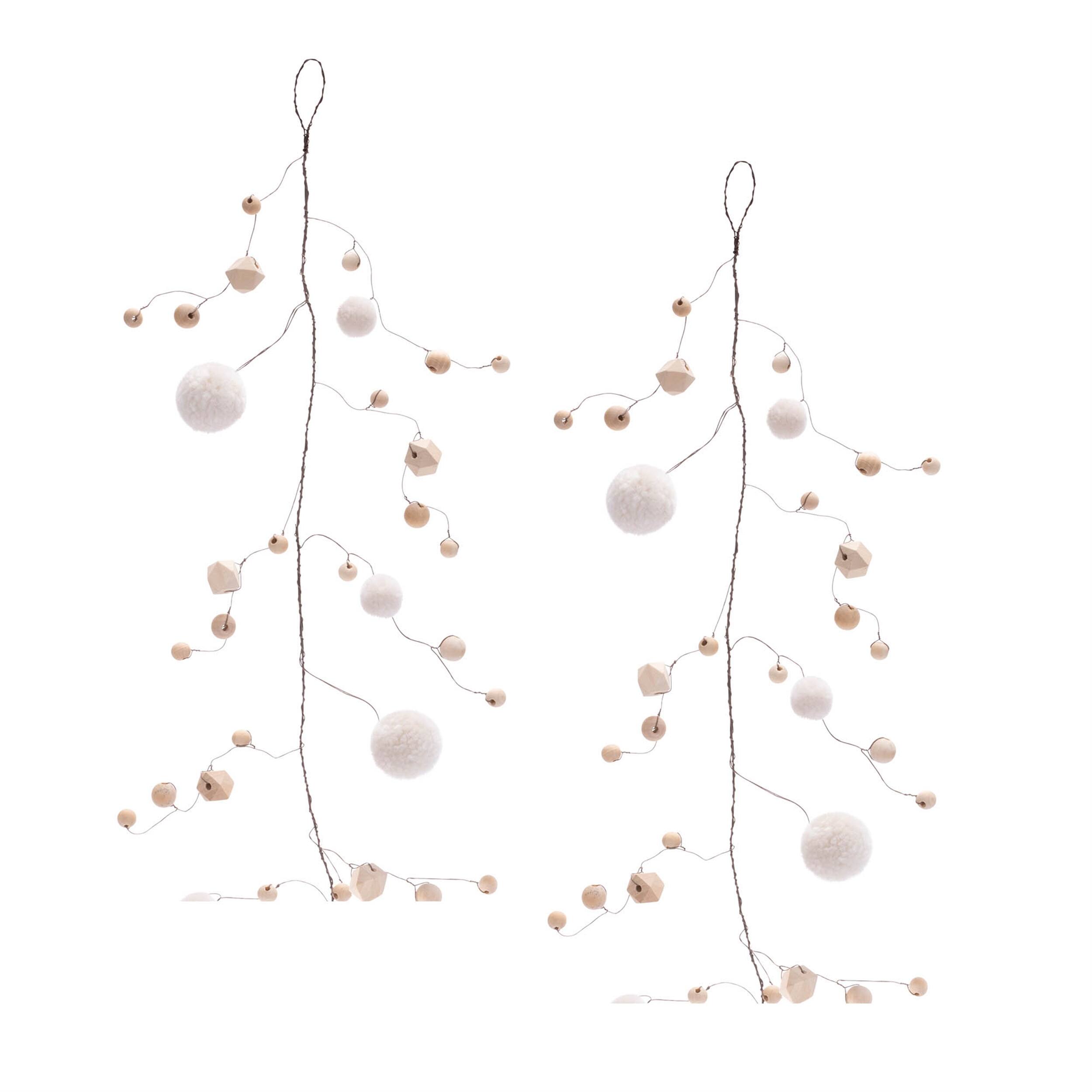 Back. BreeBe - Wood Bead and Puff Ball Garland (Set of 2) - Beige, Brown.